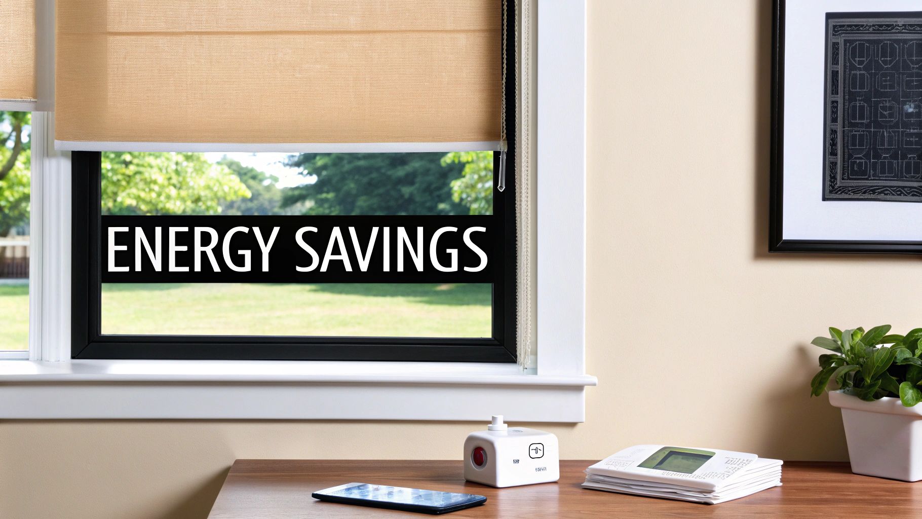 Window with light-filtering blinds shows 'ENERGY SAVINGS' banner, green lawn outside, smart devices on desk.