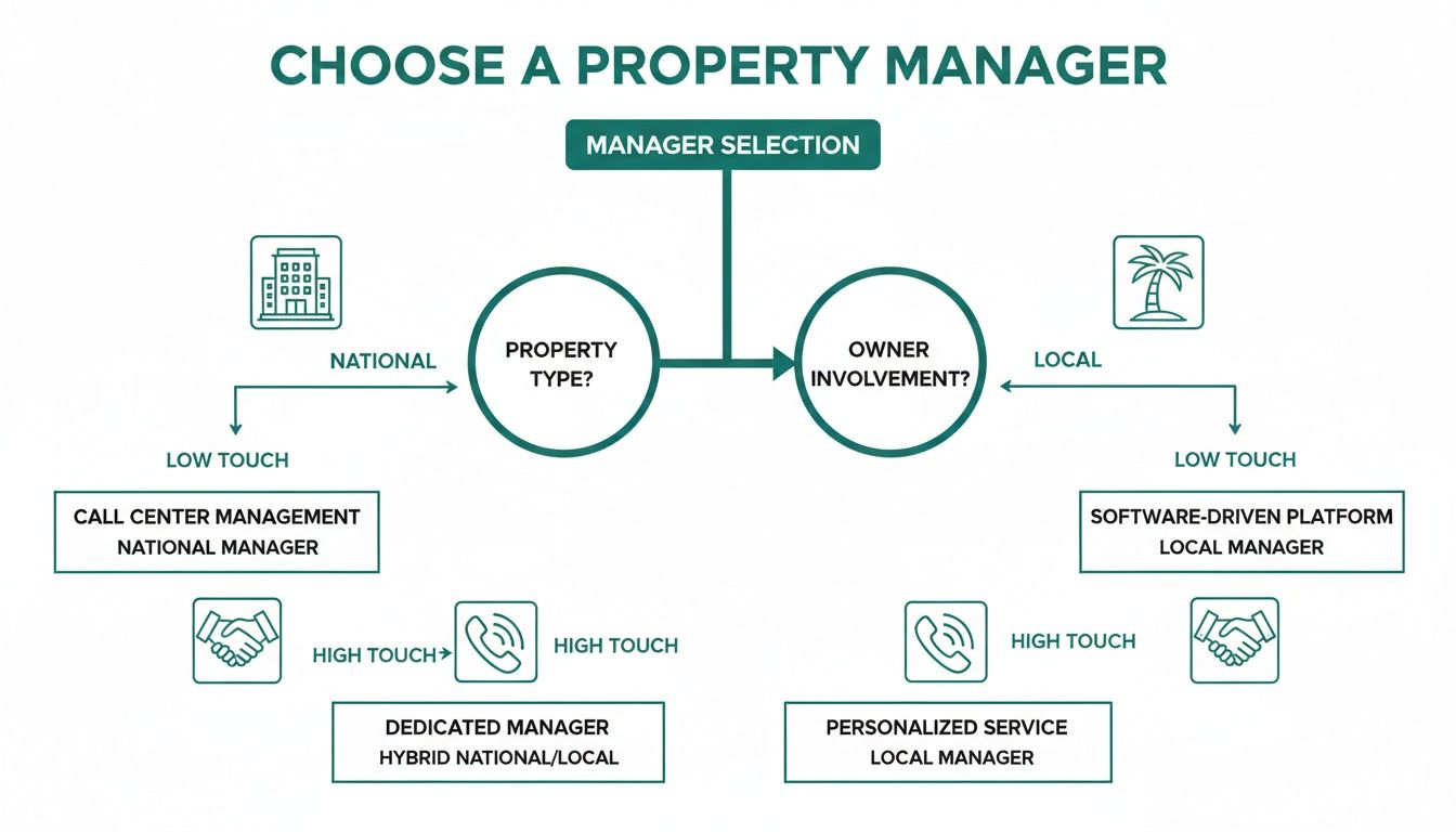 Flowchart illustrating property manager selection based on property type (national/local) and owner involvement (low/high touch).