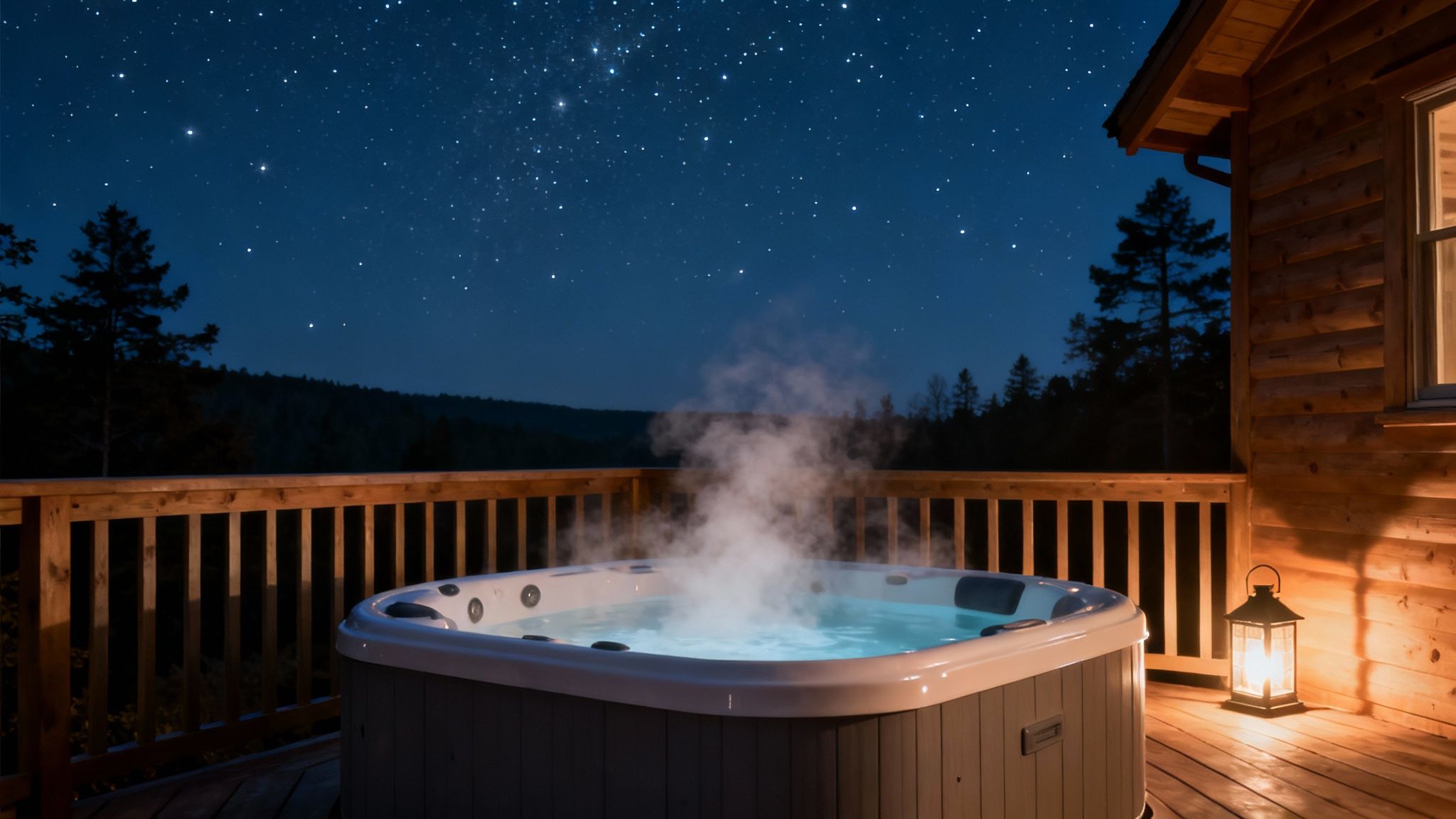 Friends laughing and relaxing in a cabin hot tub surrounded by trees.