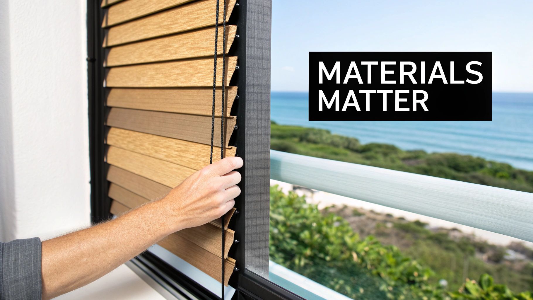 A hand adjusts wooden window blinds, with an ocean view and 'MATERIALS MATTER' text.