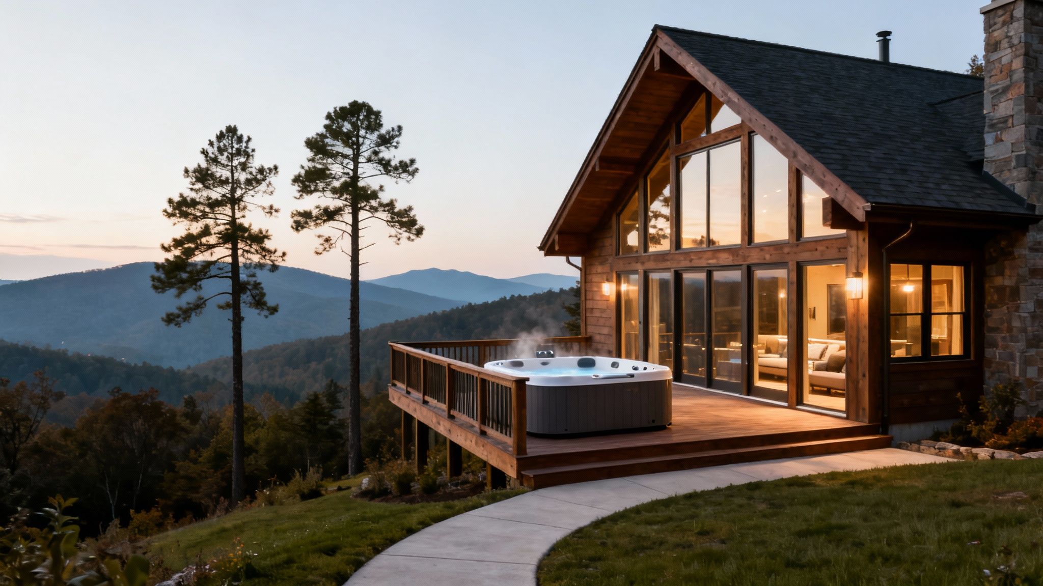 Luxurious cabin with a steaming hot tub on a deck, overlooking mountains at dusk.