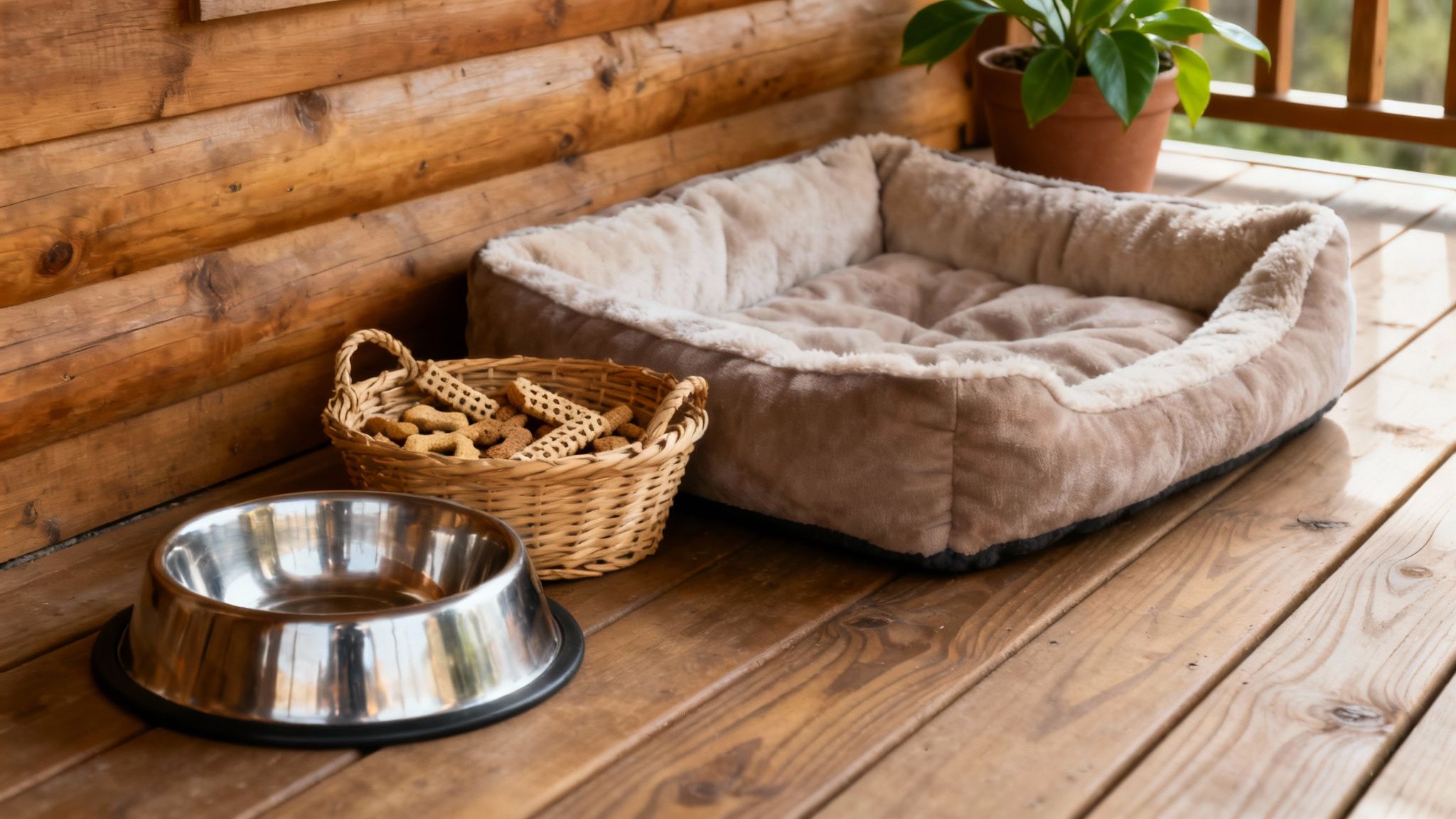A happy dog resting on a wooden cabin floor with a water bowl nearby