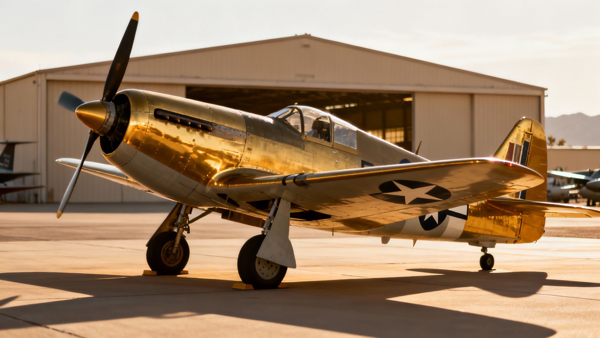 A gleaming gold vintage propeller airplane parked on a tarmac in front of a hangar.