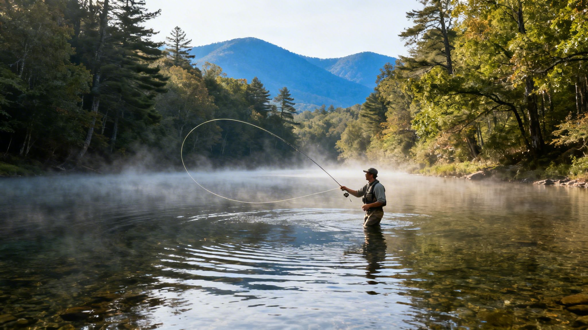 Man fly fishing in a serene, misty river at sunrise with forested mountains.