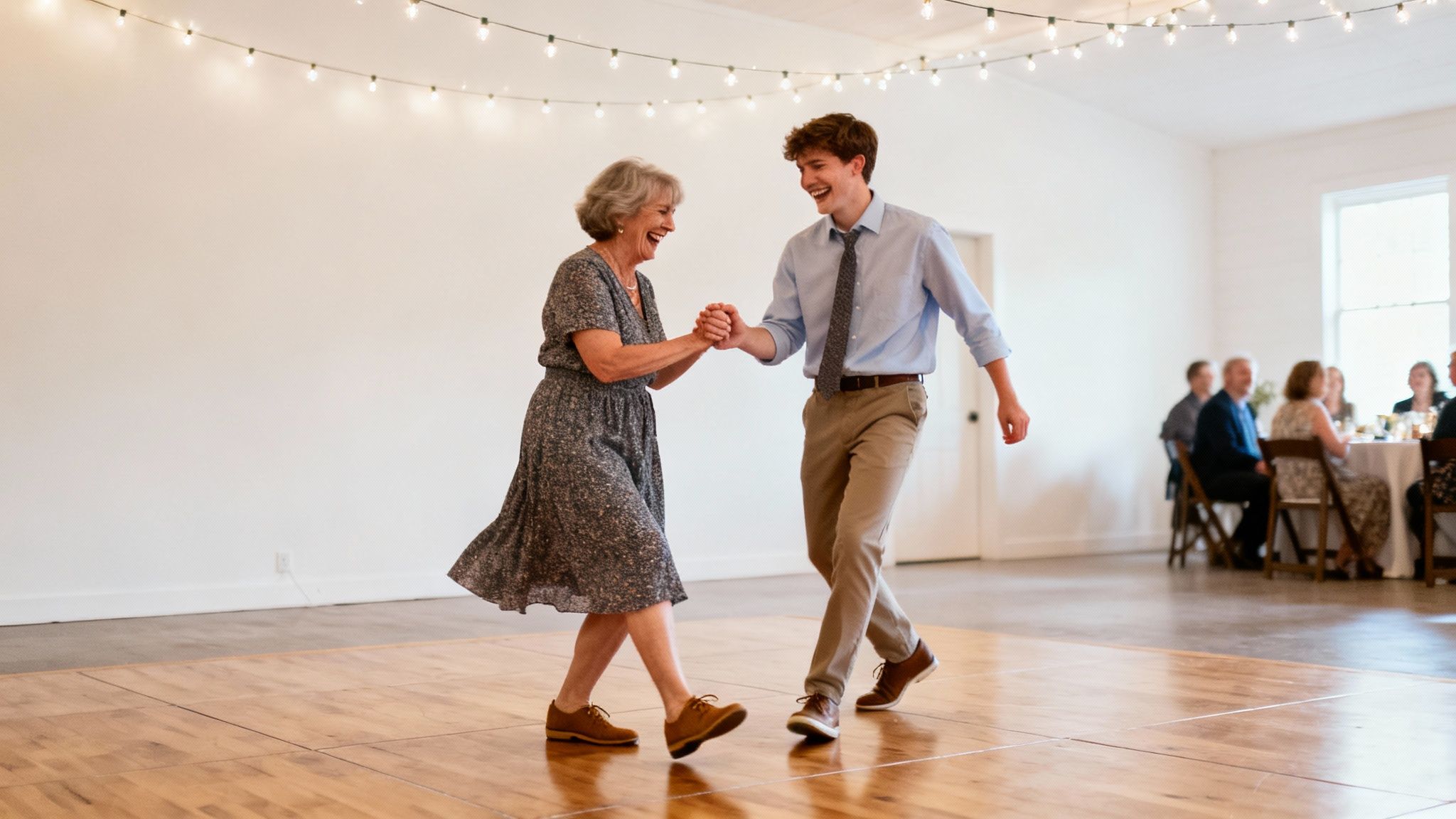 A joyful older woman and young man dance, holding hands and laughing at a celebratory event.