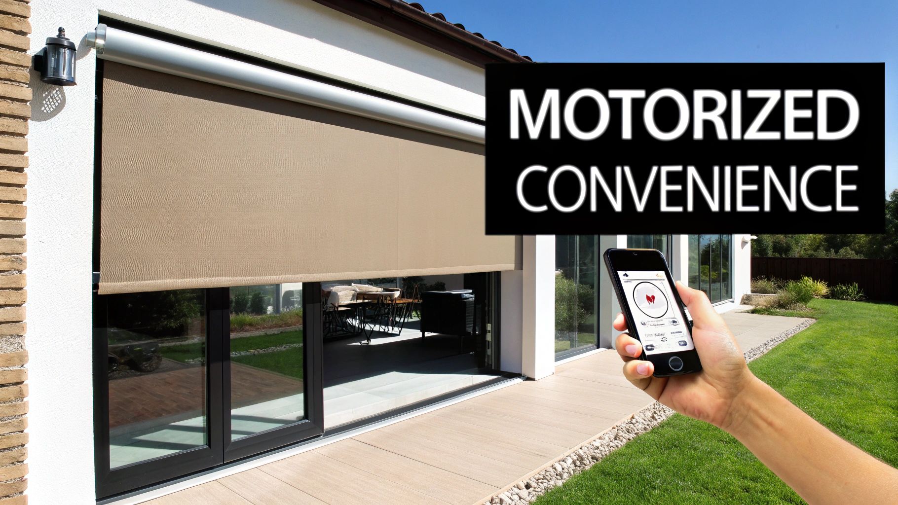 A person using a smartphone to control their motorized shades on a sliding patio door.