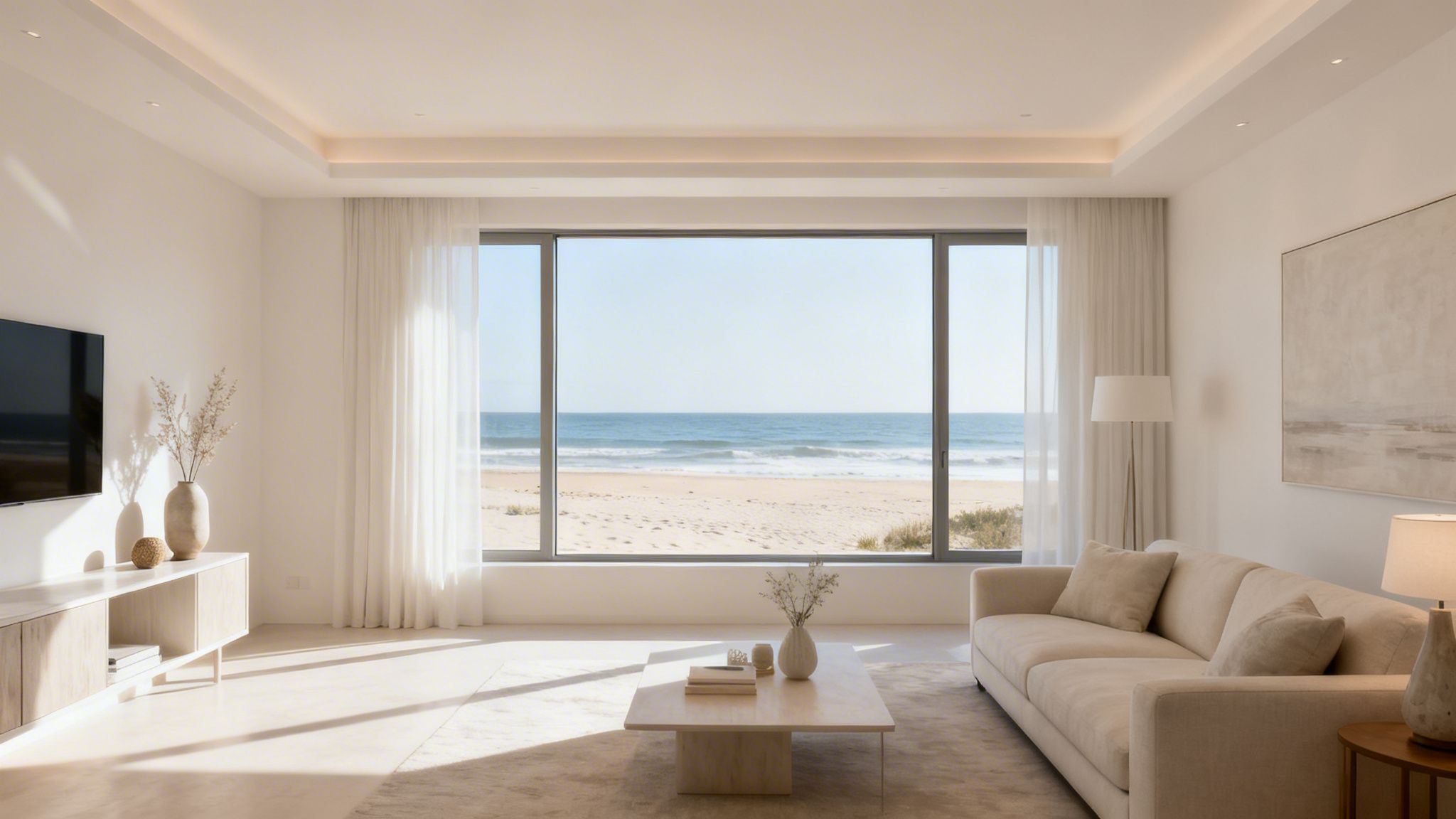 A modern, minimalist living room with a large window offering a stunning beach and ocean view.