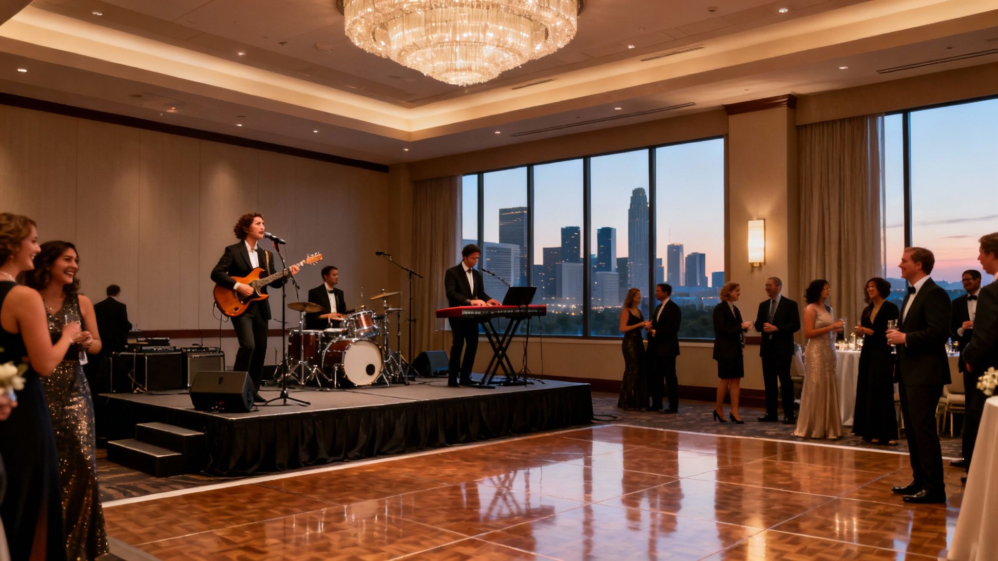 A live band performs for well-dressed guests at a corporate event with a city skyline view.