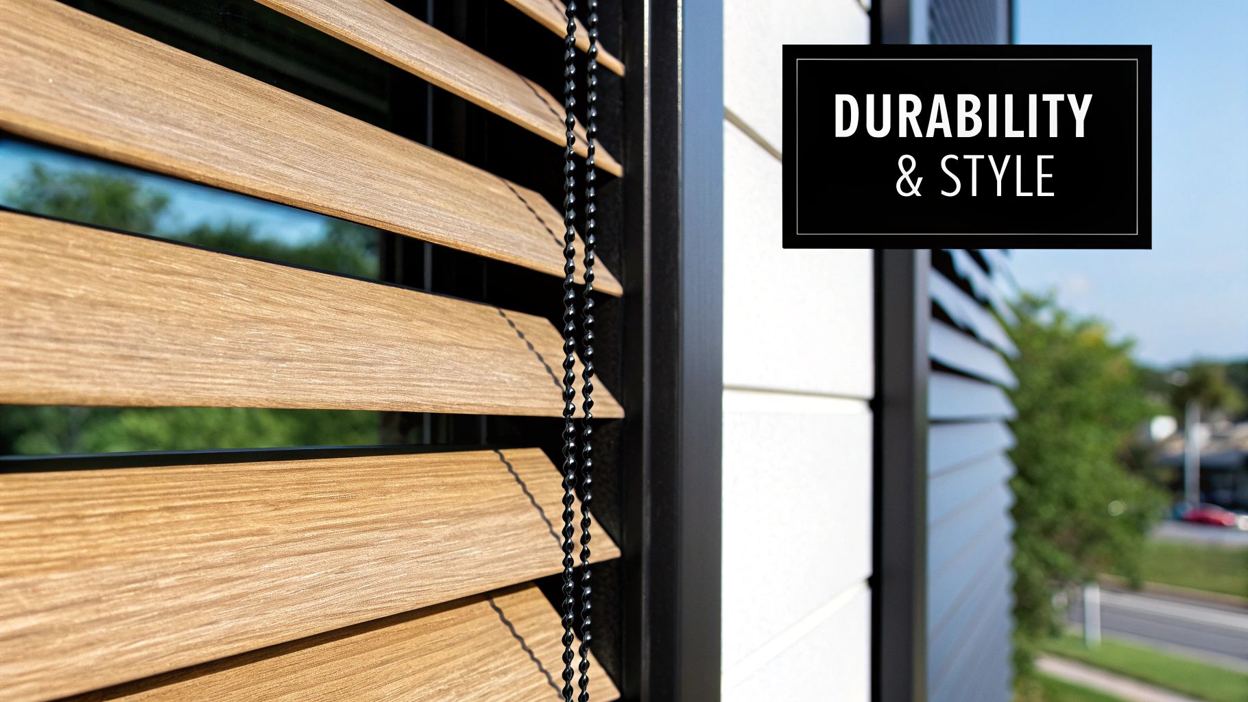 Close-up of modern wooden blinds with a control chain, featuring a 'Durability &amp; Style' text box.