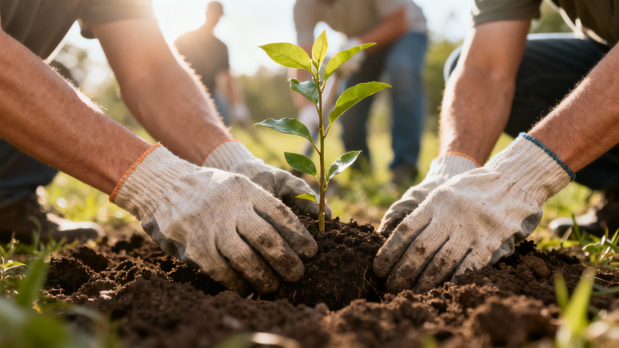 Two people with gardening gloves carefully planting a young tree in the ground outdoors.