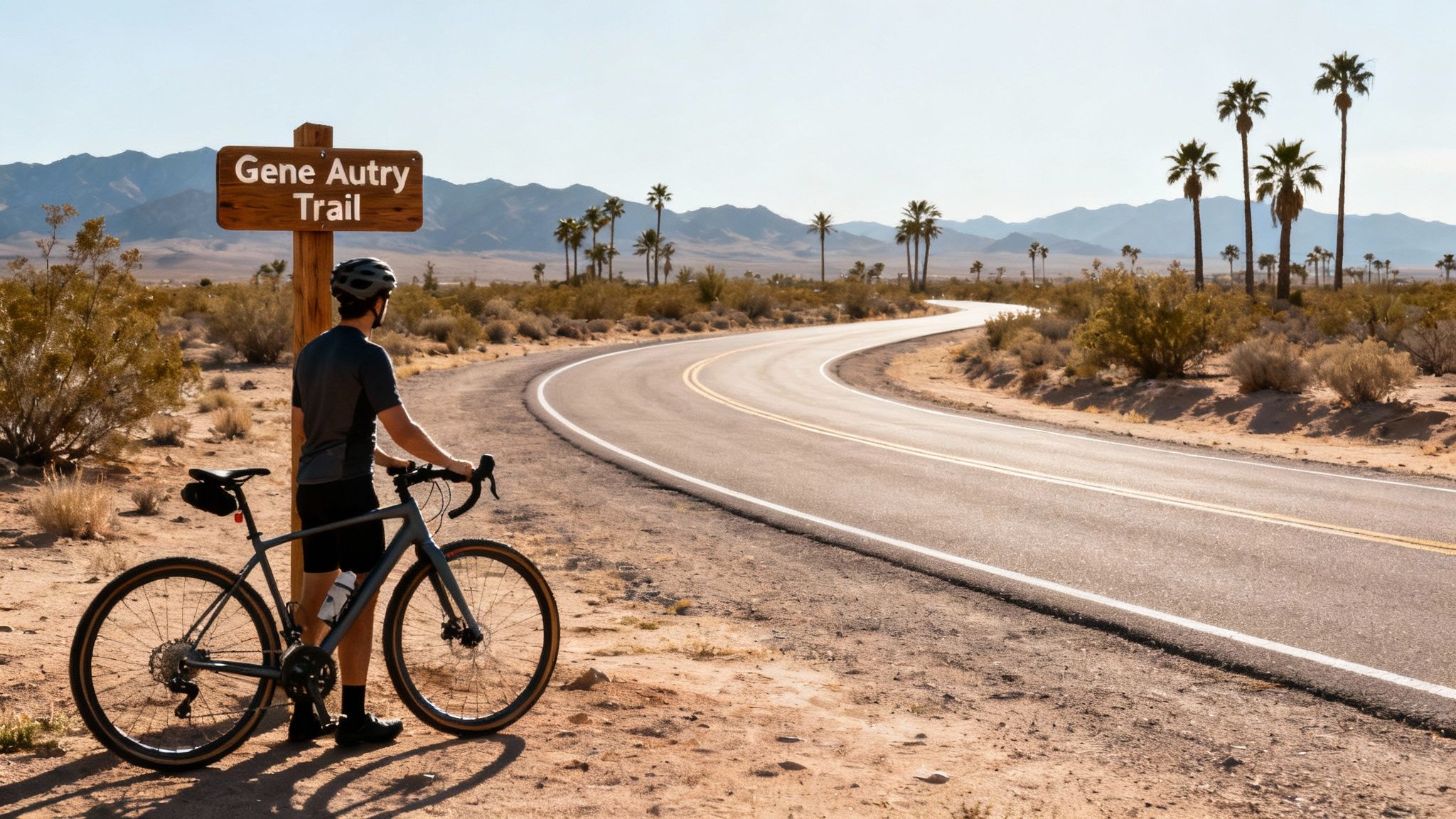 Cyclists riding through a Palm Springs neighborhood with palm trees and mountains in the background.