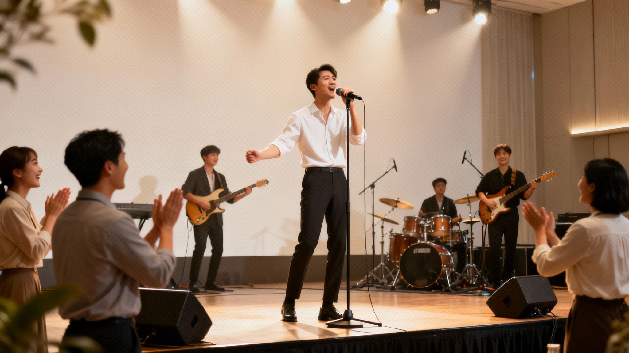 A male vocalist sings with a band on stage, featuring guitarists and a drummer, as the audience claps.