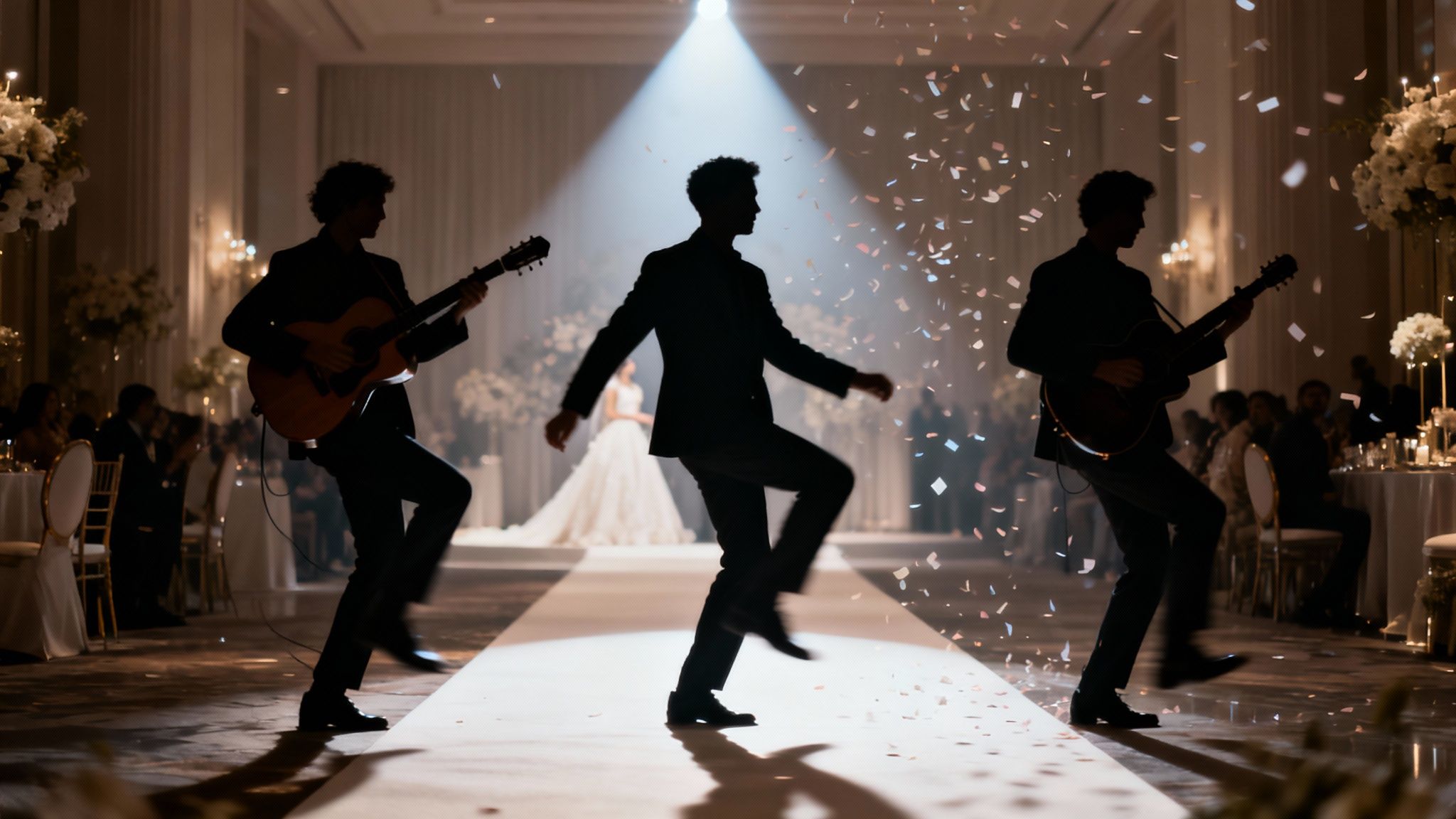 Silhouettes of musicians playing guitars and a dancer performing on stage at a wedding reception.