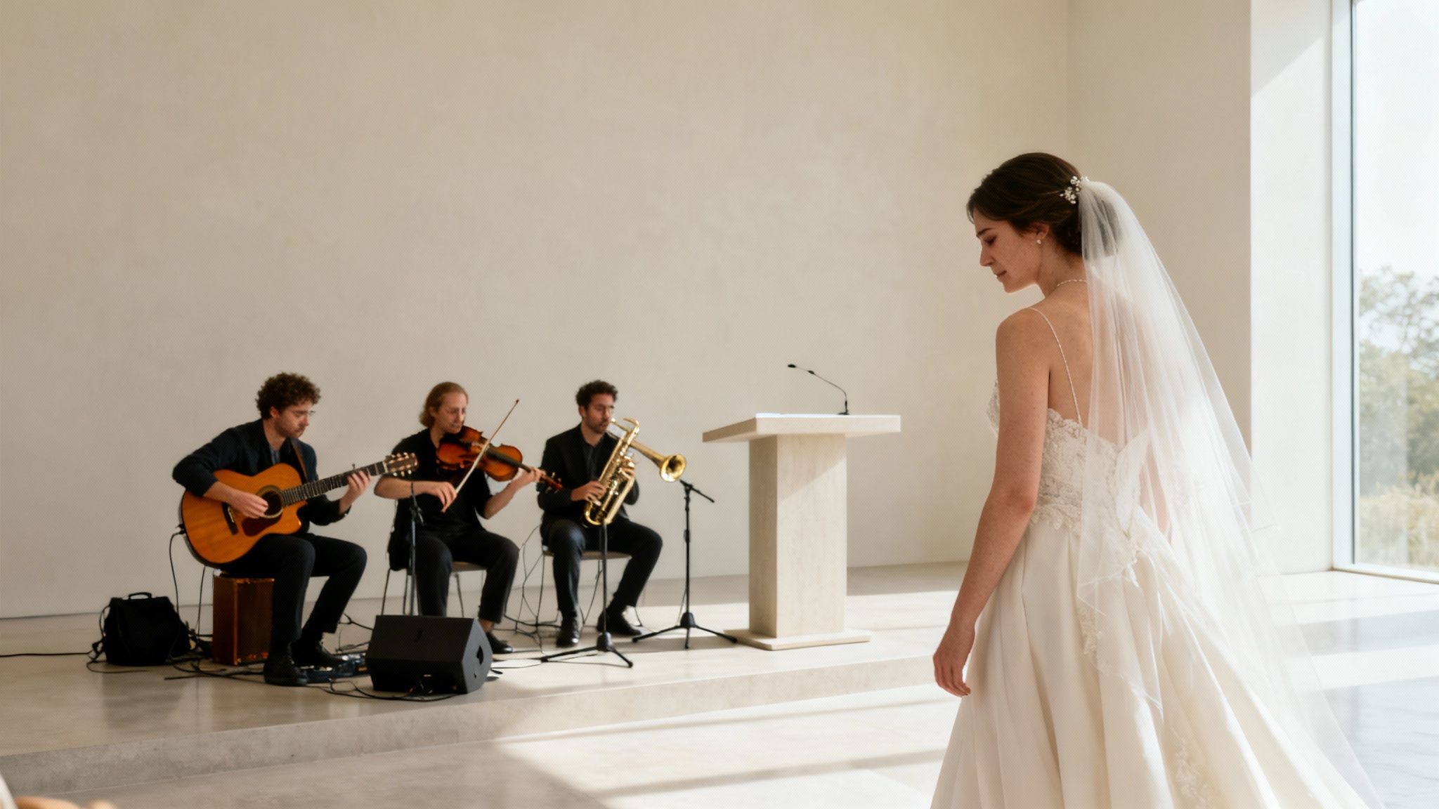 A bride in a white gown and veil walks towards musicians playing at a wedding.