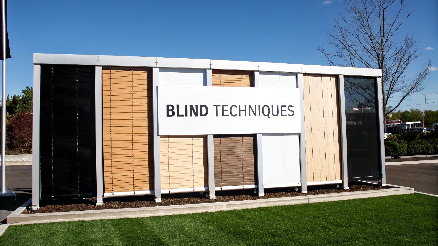An outdoor display sign for 'BLIND TECHNIQUES' showcasing various types and colors of window blinds and shades.