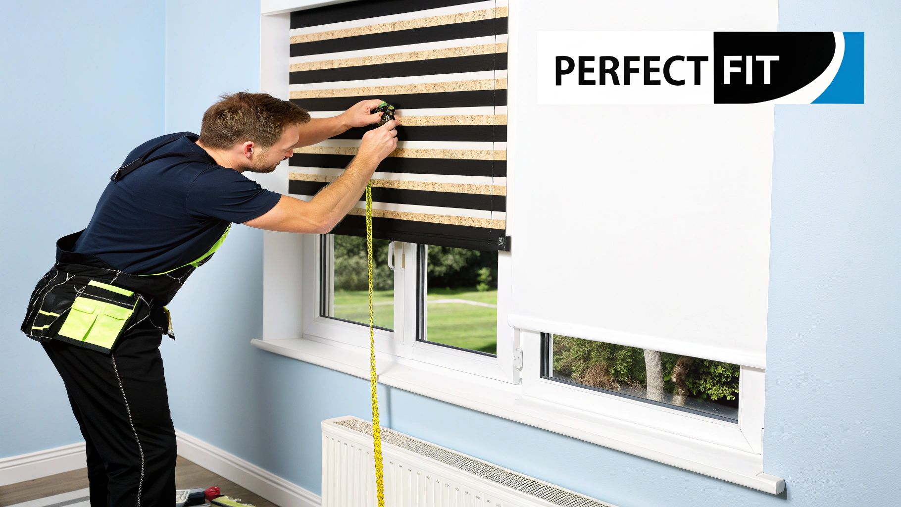 A man in work attire installing striped zebra blinds on a window, holding a tool and a tape measure.