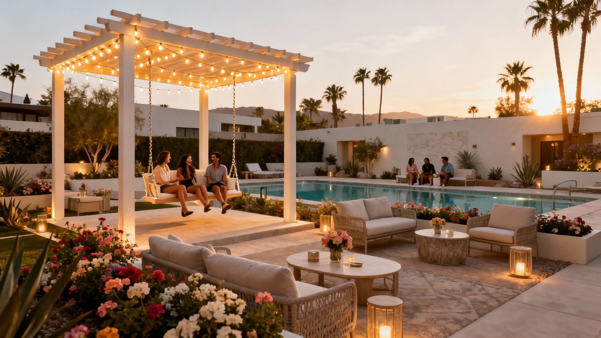 Friends relaxing by a luxurious resort pool with string lights and palm trees at sunset.