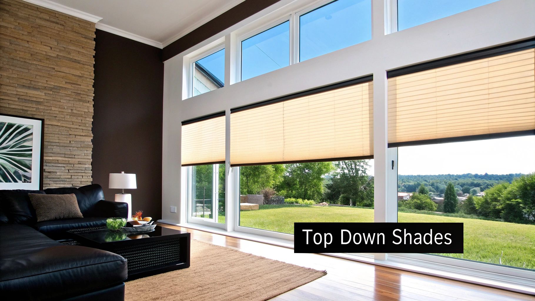Modern living room featuring cream colored top down shades on large windows overlooking green landscape