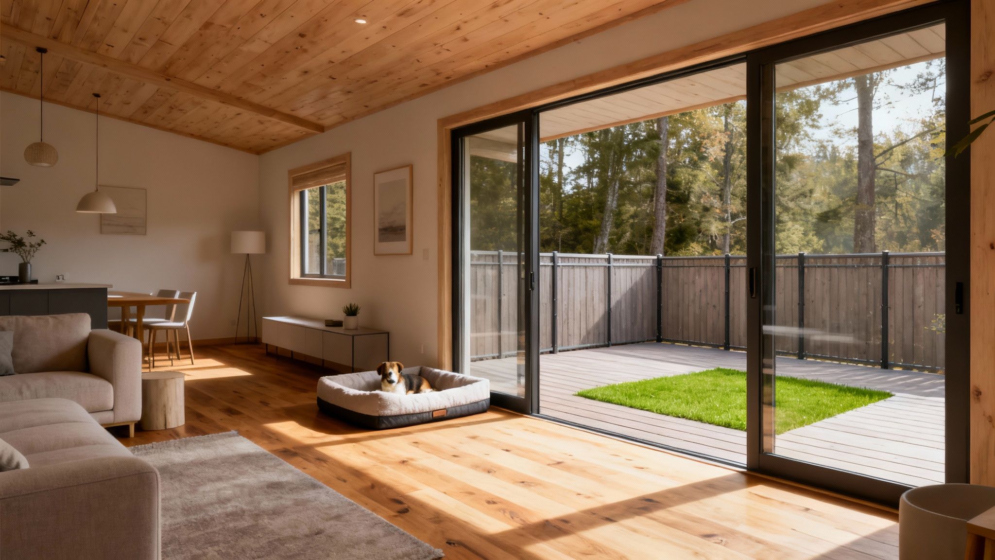 A bright modern living room with a dog in its bed, wooden floors, and a patio view.