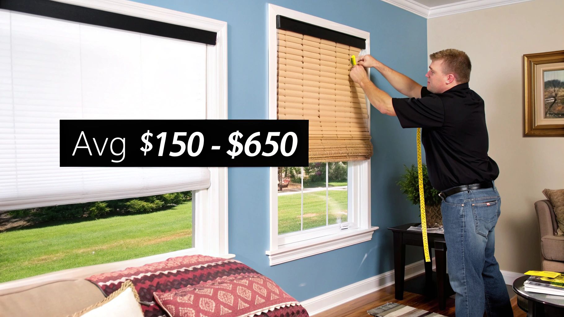 A man measures custom window blinds, with a text overlay showing an average cost of $150-$650.