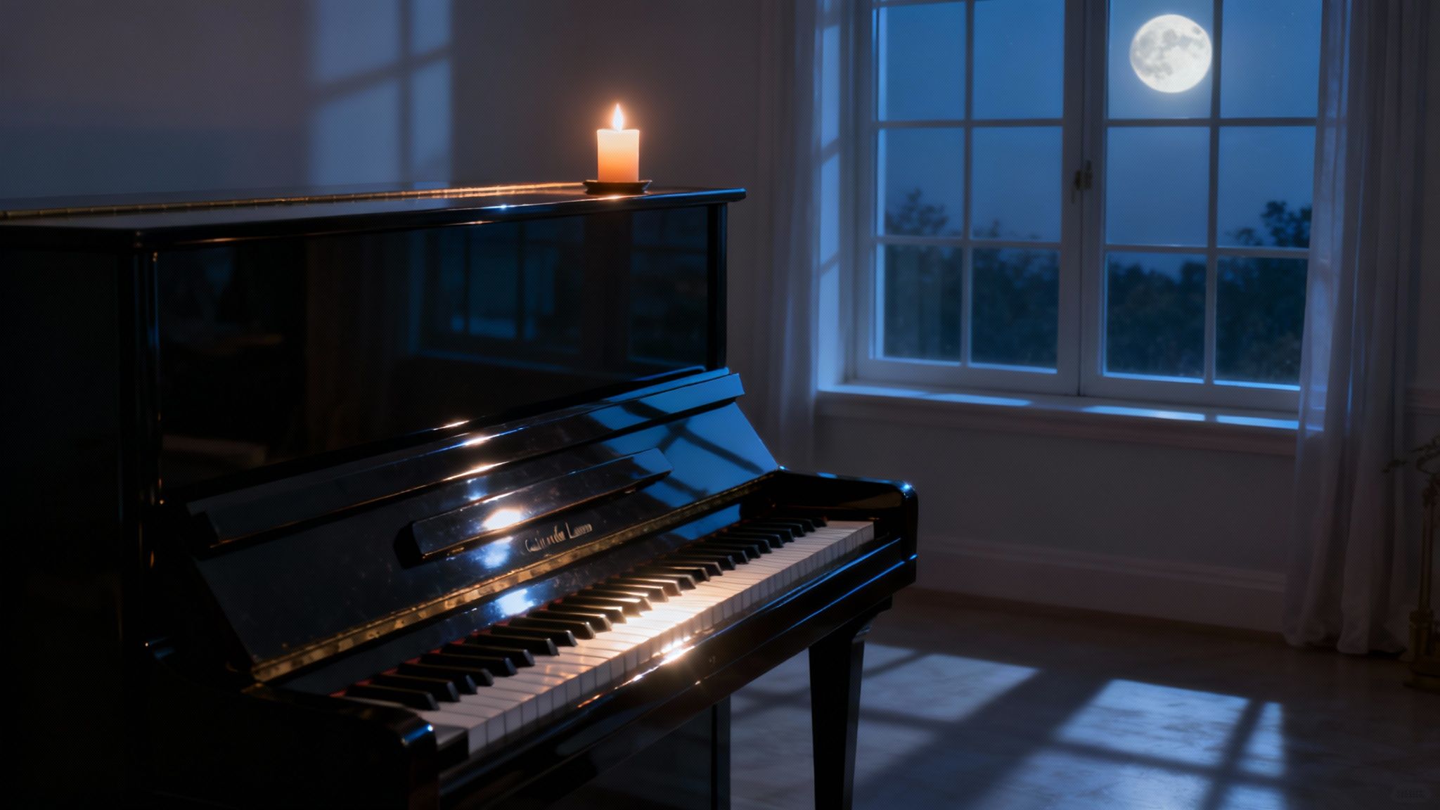A candle illuminates a black piano in a dark room, with a full moon outside the window.