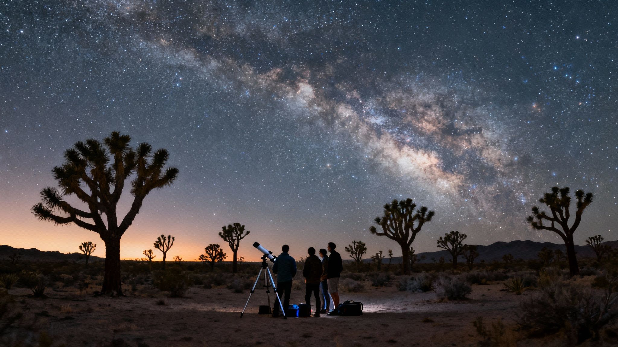 People stargazing with a telescope under the vibrant Milky Way galaxy among Joshua trees at night.