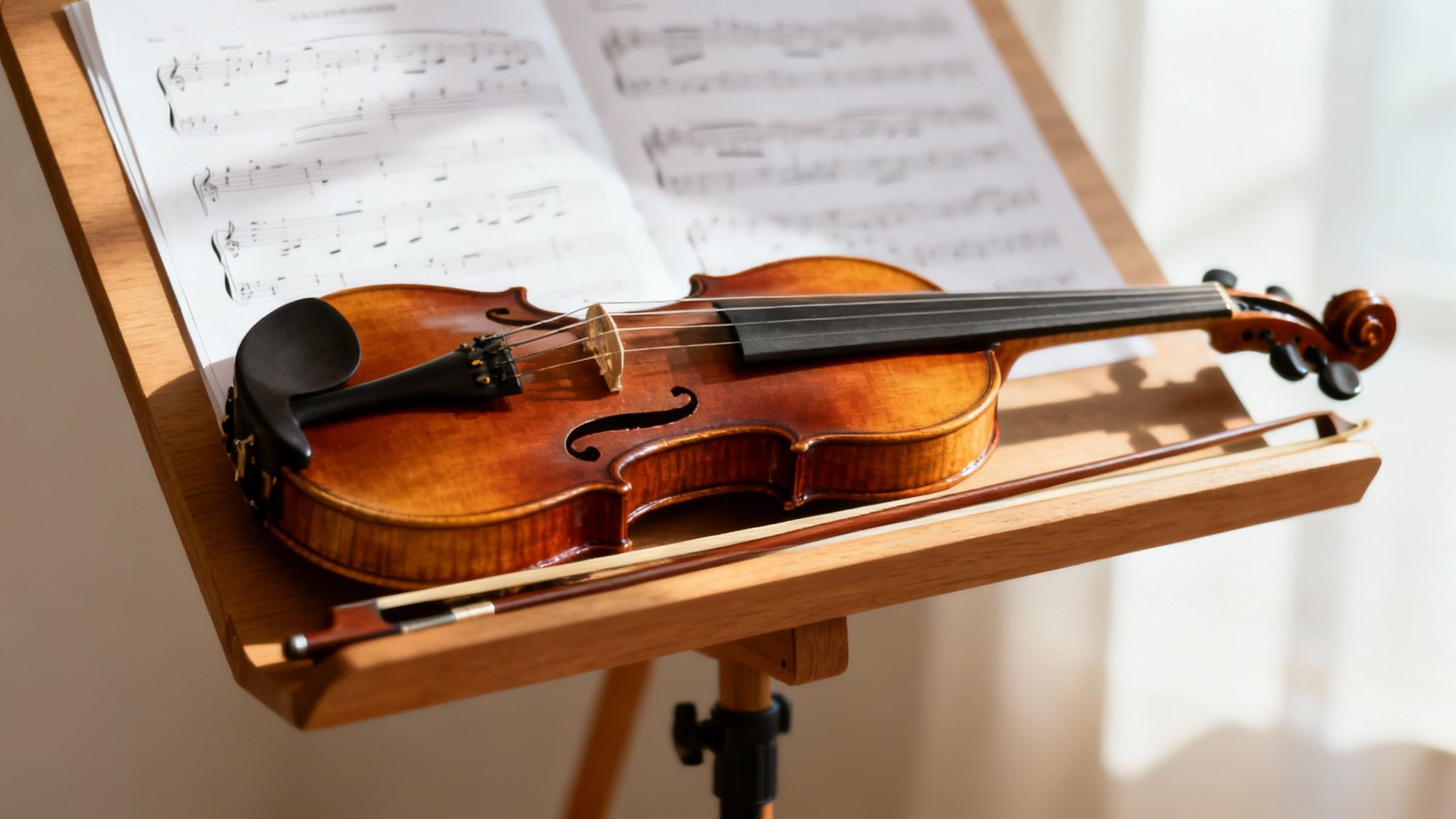 A warm-toned violin and bow rest on a wooden music stand with sheet music.