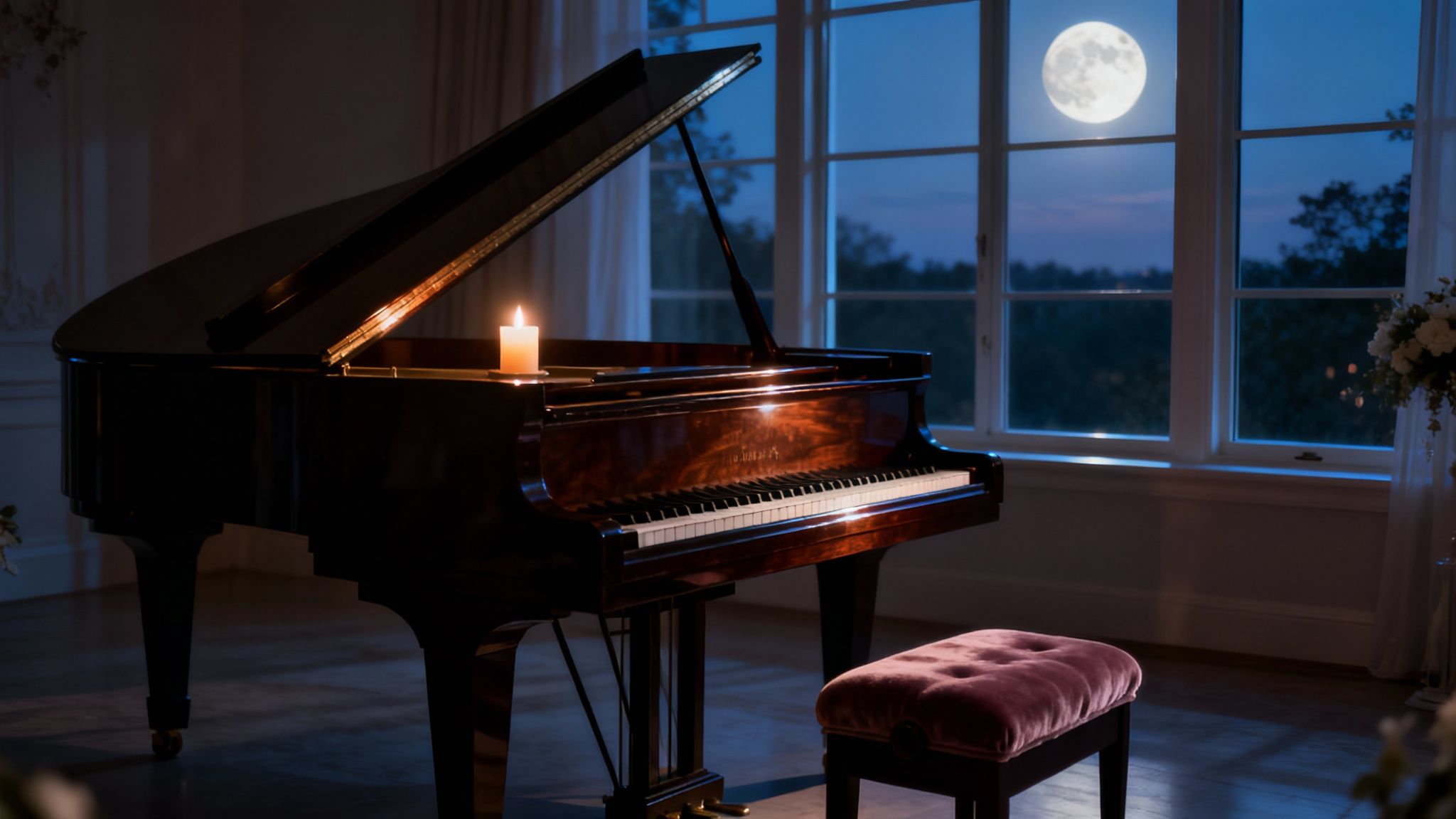 A grand piano with a lit candle by a large window under a full moon at night.