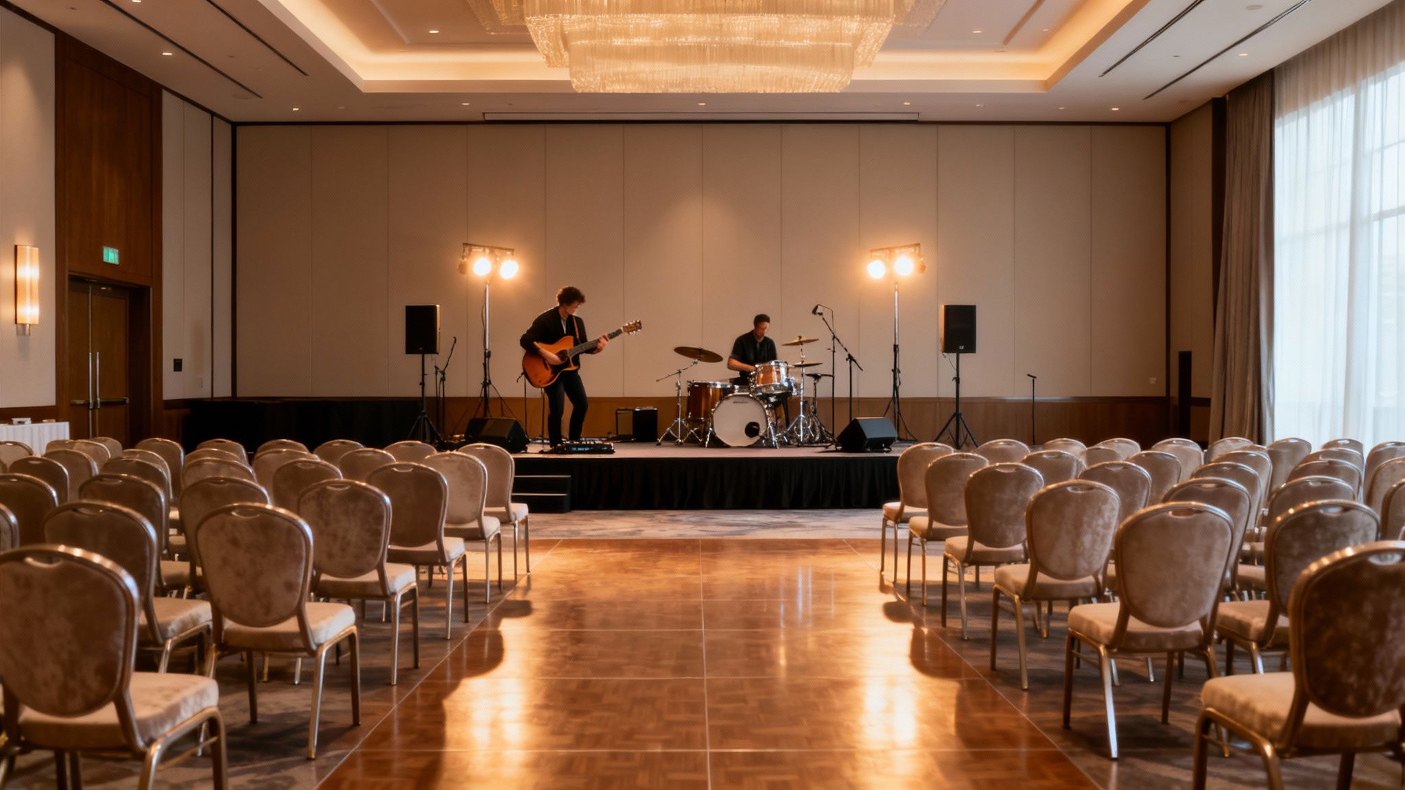 A musical duo with a guitarist and drummer performs on a stage in a large, empty event hall.