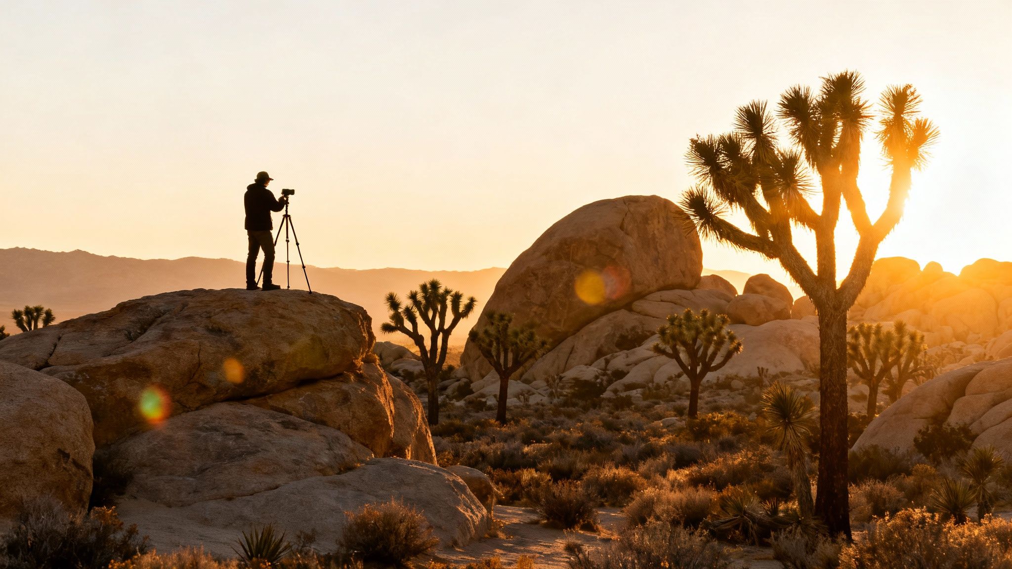 Photographer silhouetted against a golden sunset in Joshua Tree National Park, capturing the desert landscape.