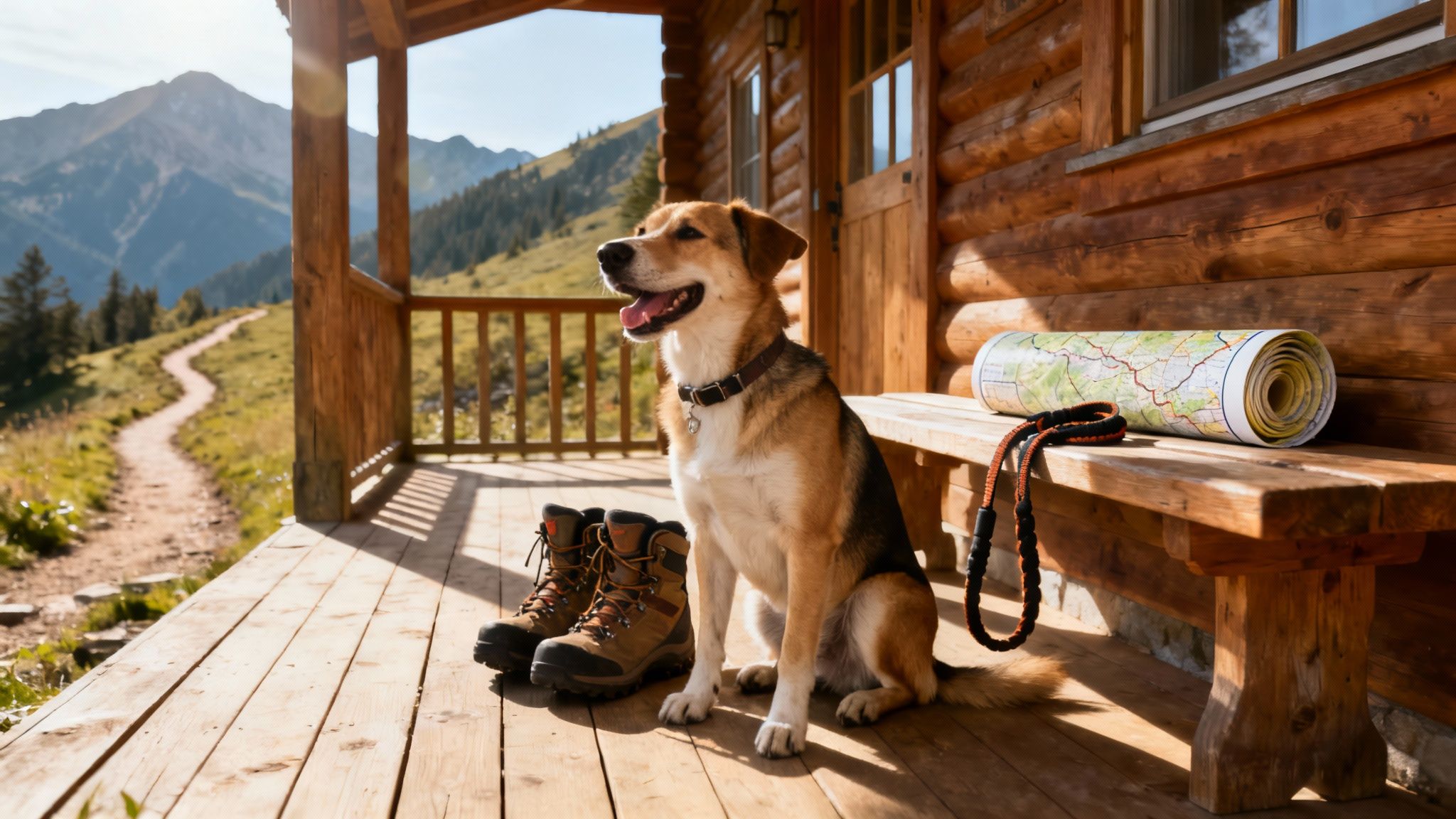 A happy dog sits on a log cabin porch with hiking boots, a map, and a mountain trail view.