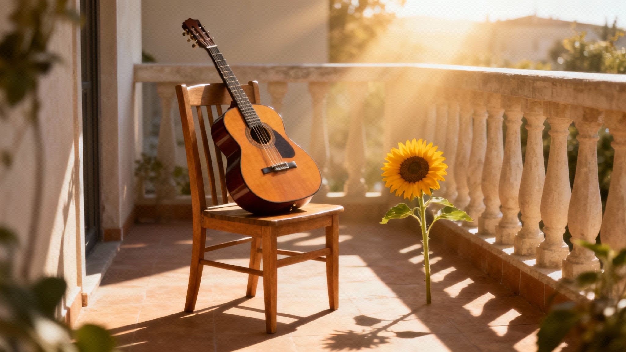 An acoustic guitar leans against a wooden chair next to a vibrant sunflower on a sunny balcony.