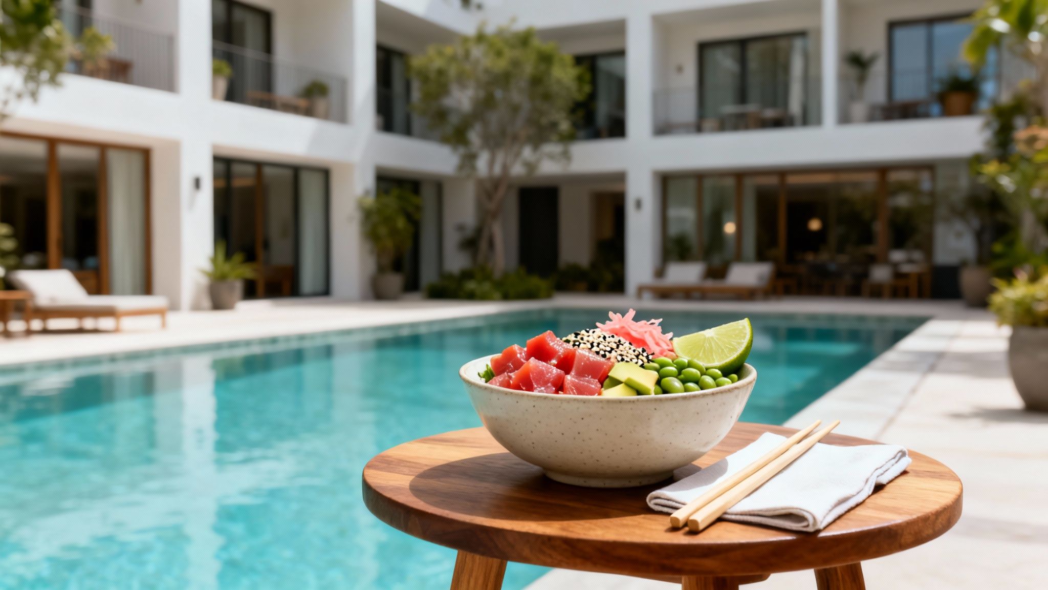 A fresh poke bowl with tuna, edamame, and avocado sits on a wooden table beside a resort swimming pool.