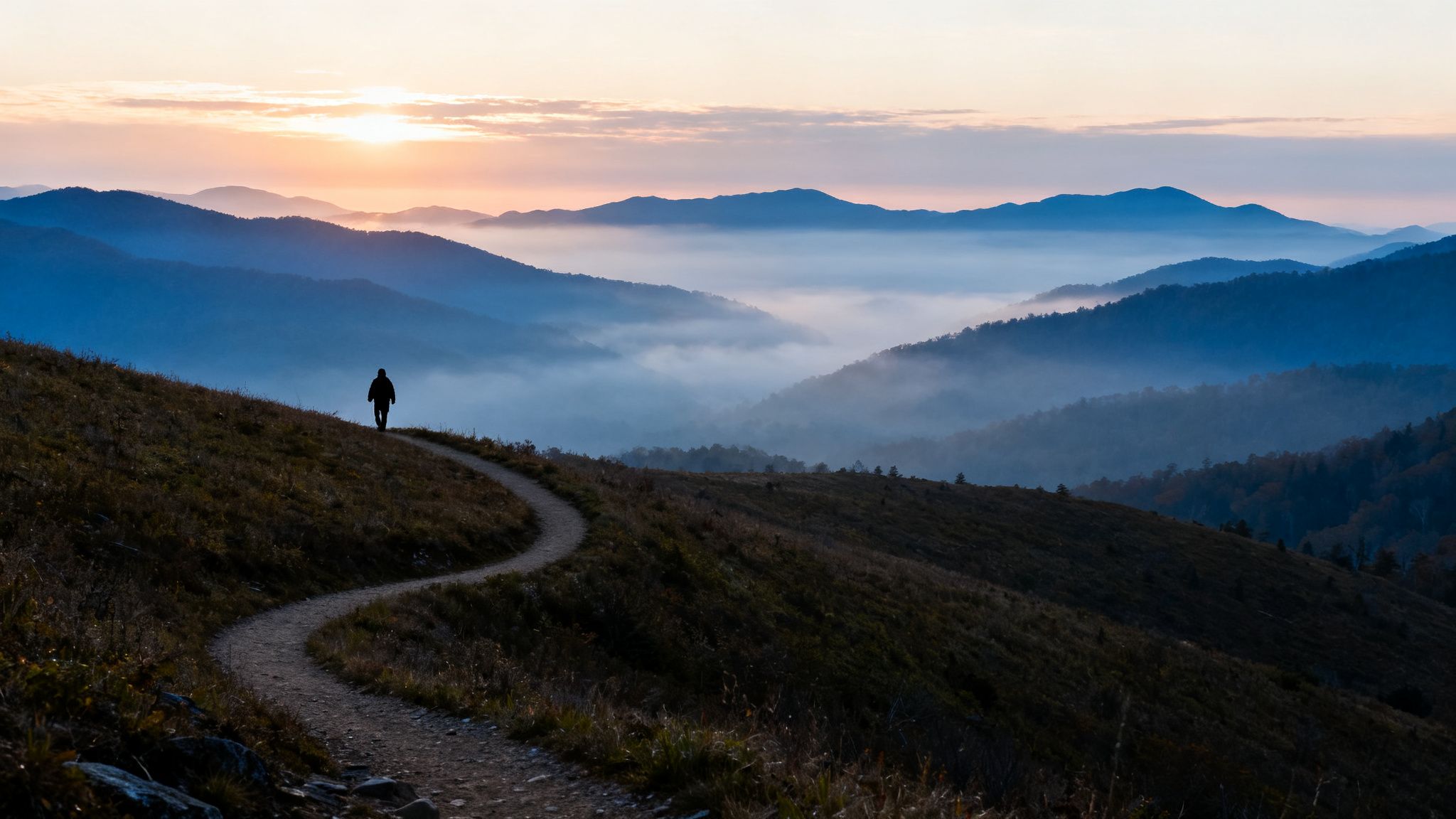 Silhouette of a person on a winding trail overlooking foggy mountains at sunrise.