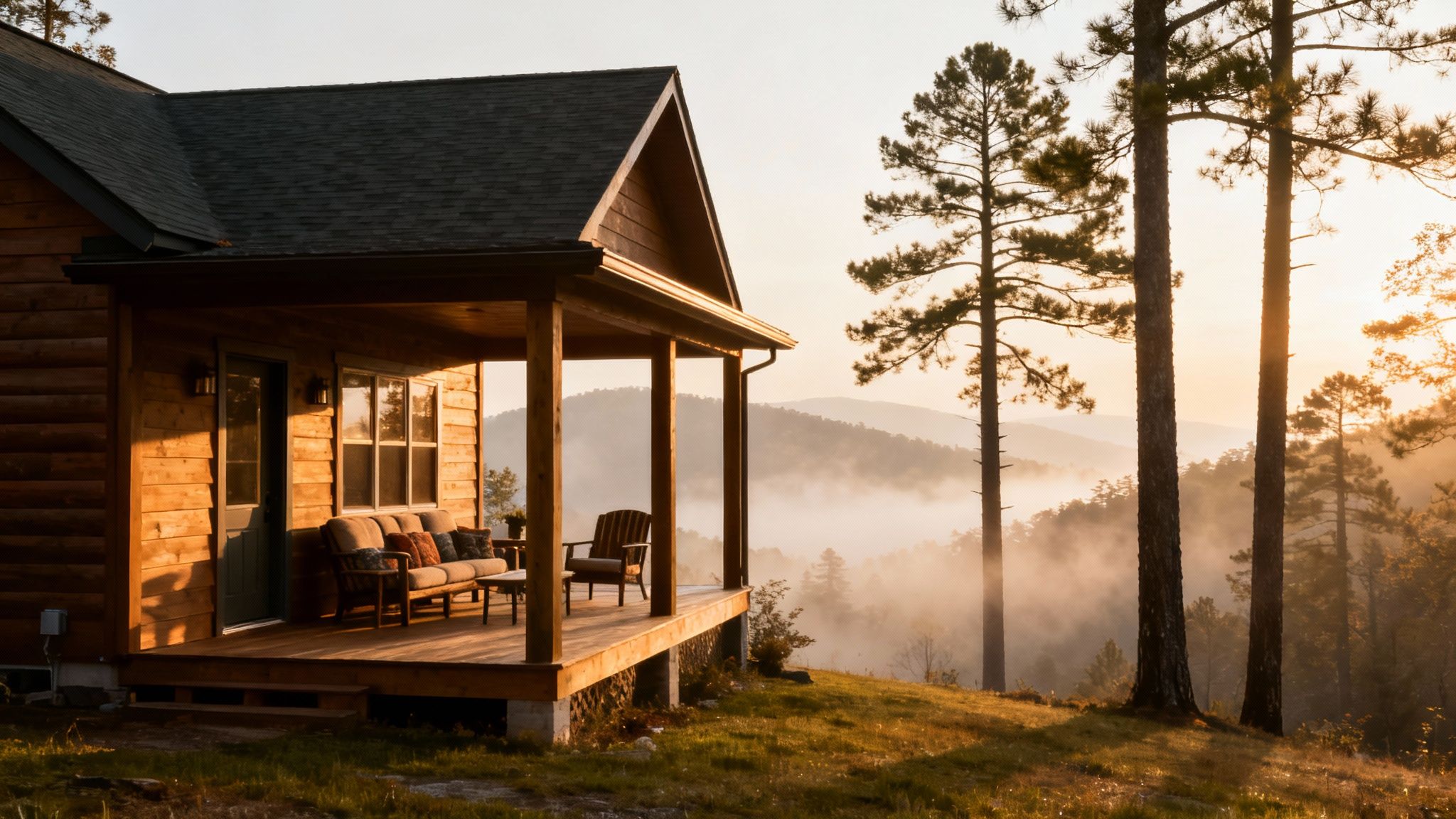 A cozy wooden cabin porch with furniture overlooks a misty mountain valley at sunrise.