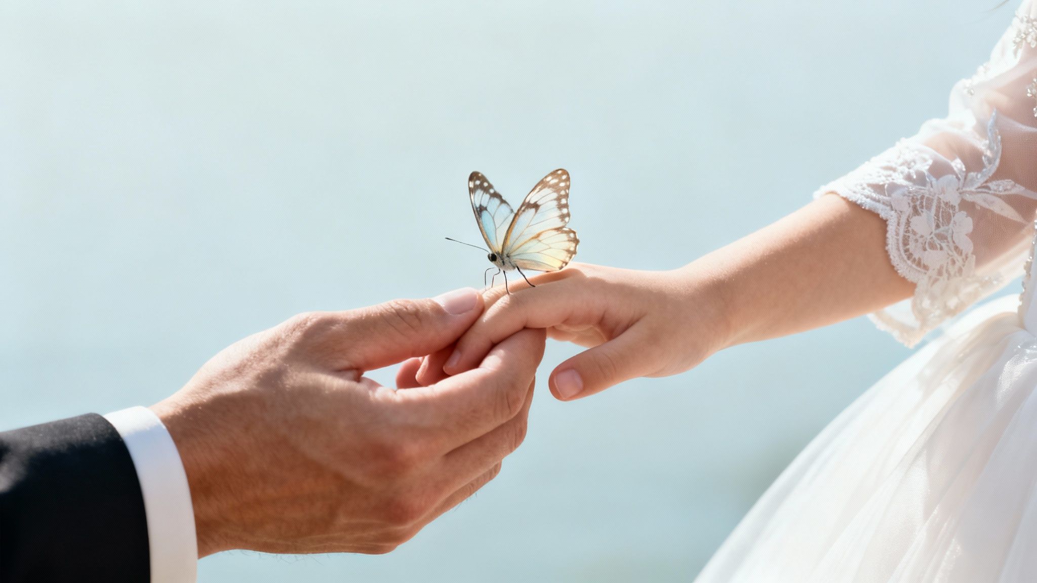 A white butterfly with brown markings rests on a child's hand held by an adult.