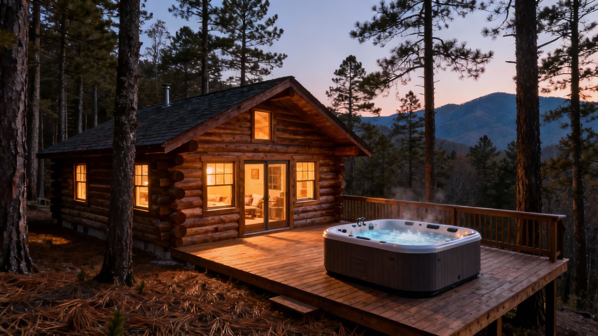 A cozy cabin hot tub at dusk with a view of the Smoky Mountains.