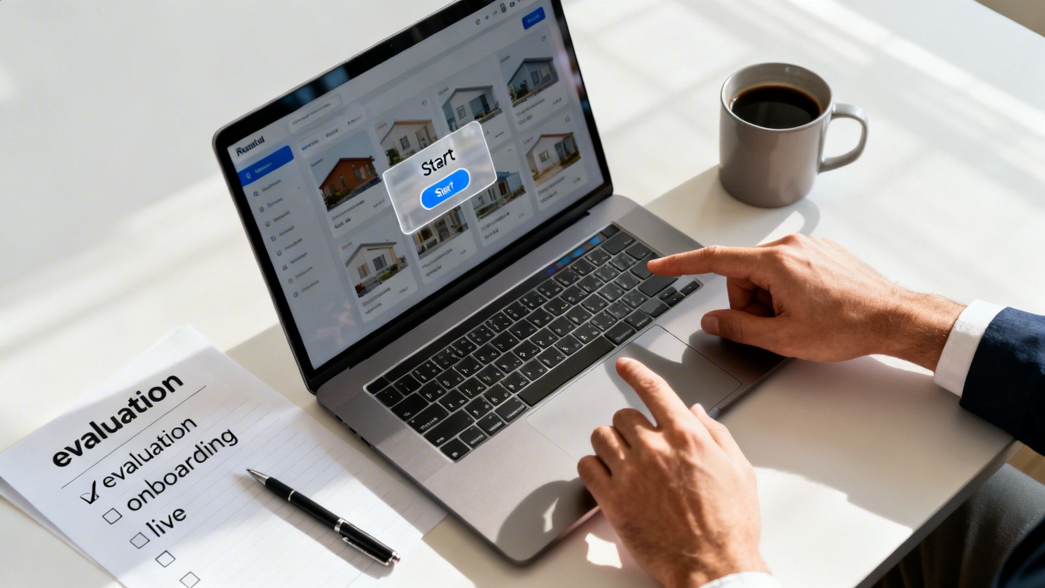 Overhead view of a person clicking 'Start' on a laptop showing real estate listings, with an evaluation checklist.