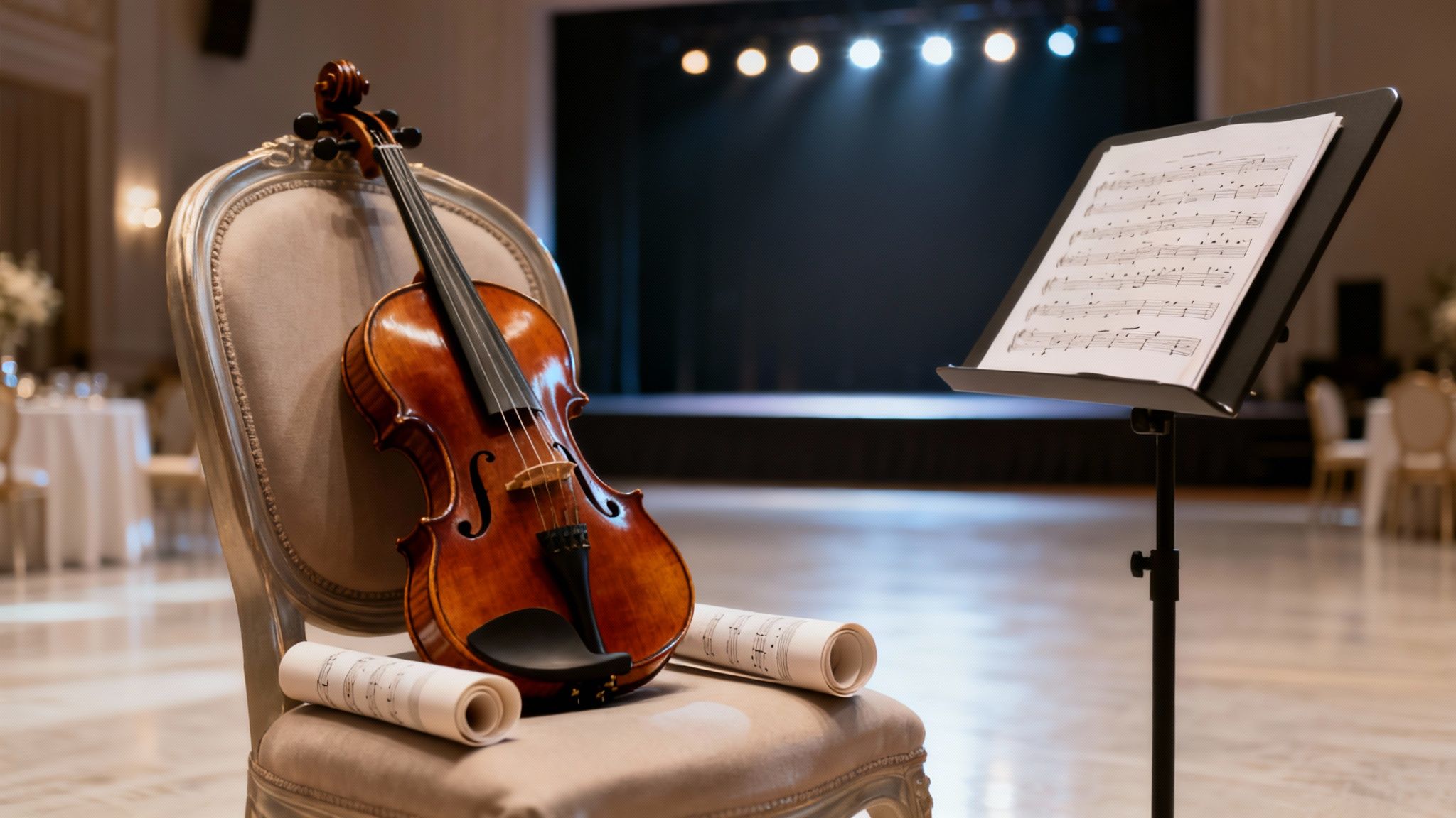 A classical violin and rolled sheet music rest on an ornate chair next to a music stand, ready for a performance on stage.