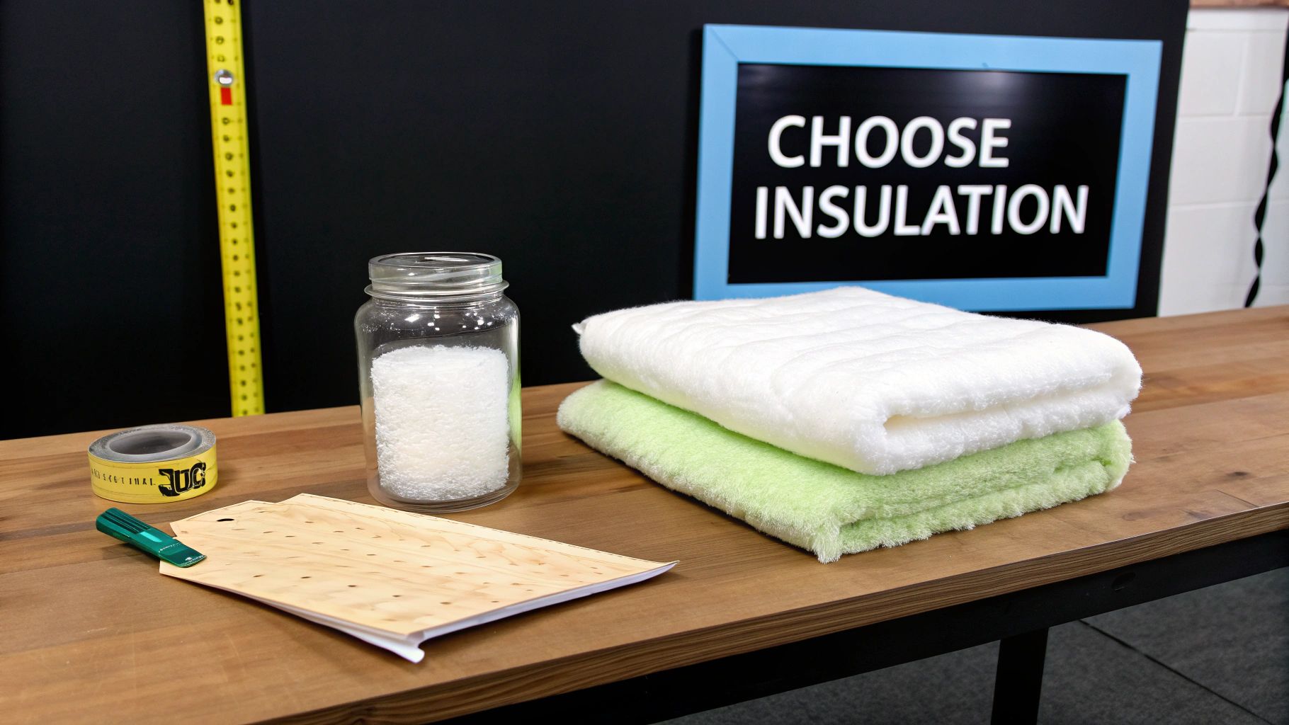 Various insulation materials on a wooden table, including granules, towels, and wood, with a 'CHOOSE INSULATION' sign.