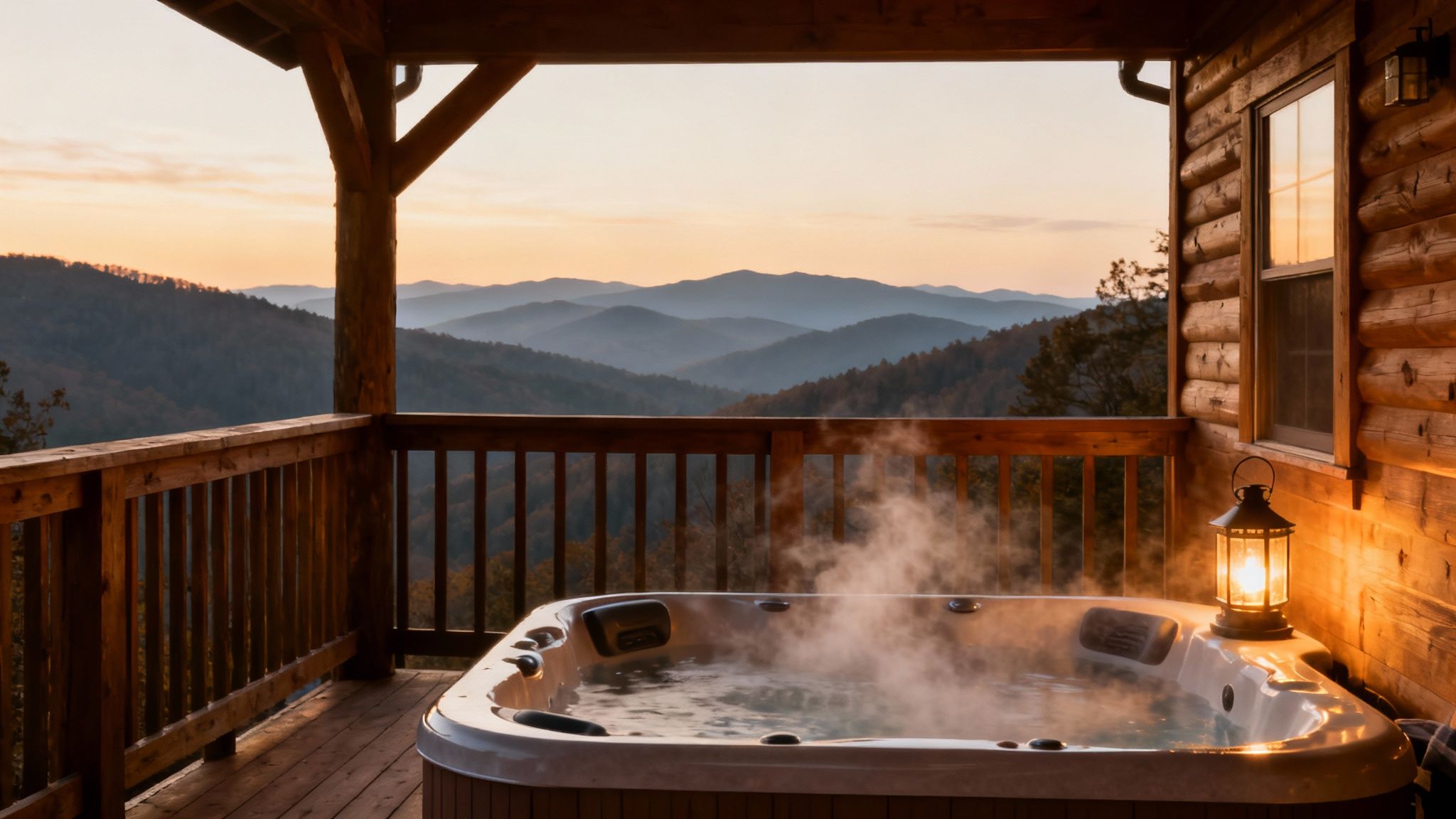 Steaming hot tub on a rustic cabin deck overlooking smoky mountains at sunset with a lantern.