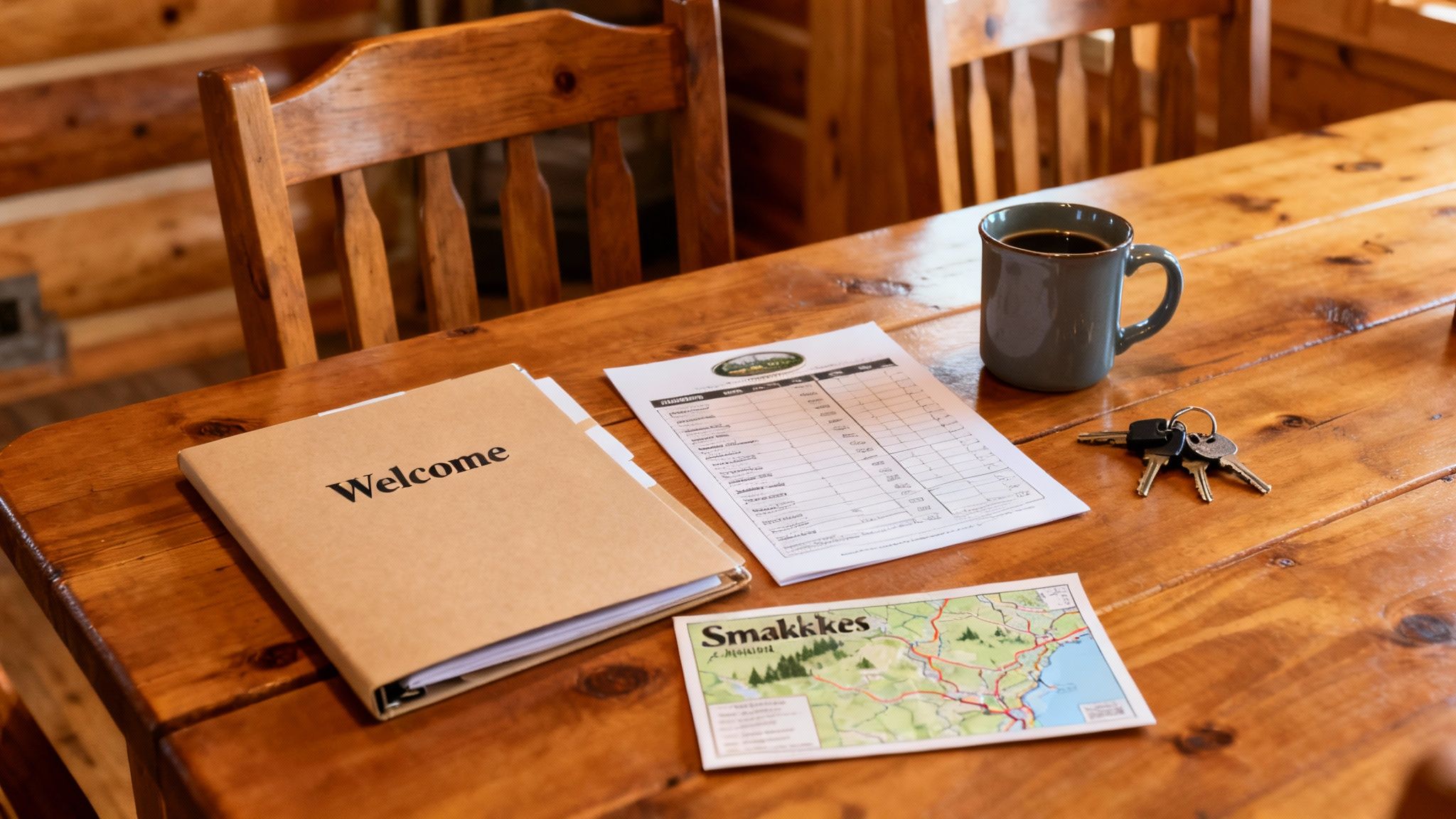 A rustic wooden table holds a welcome binder, travel map, keys, coffee, and a checklist.
