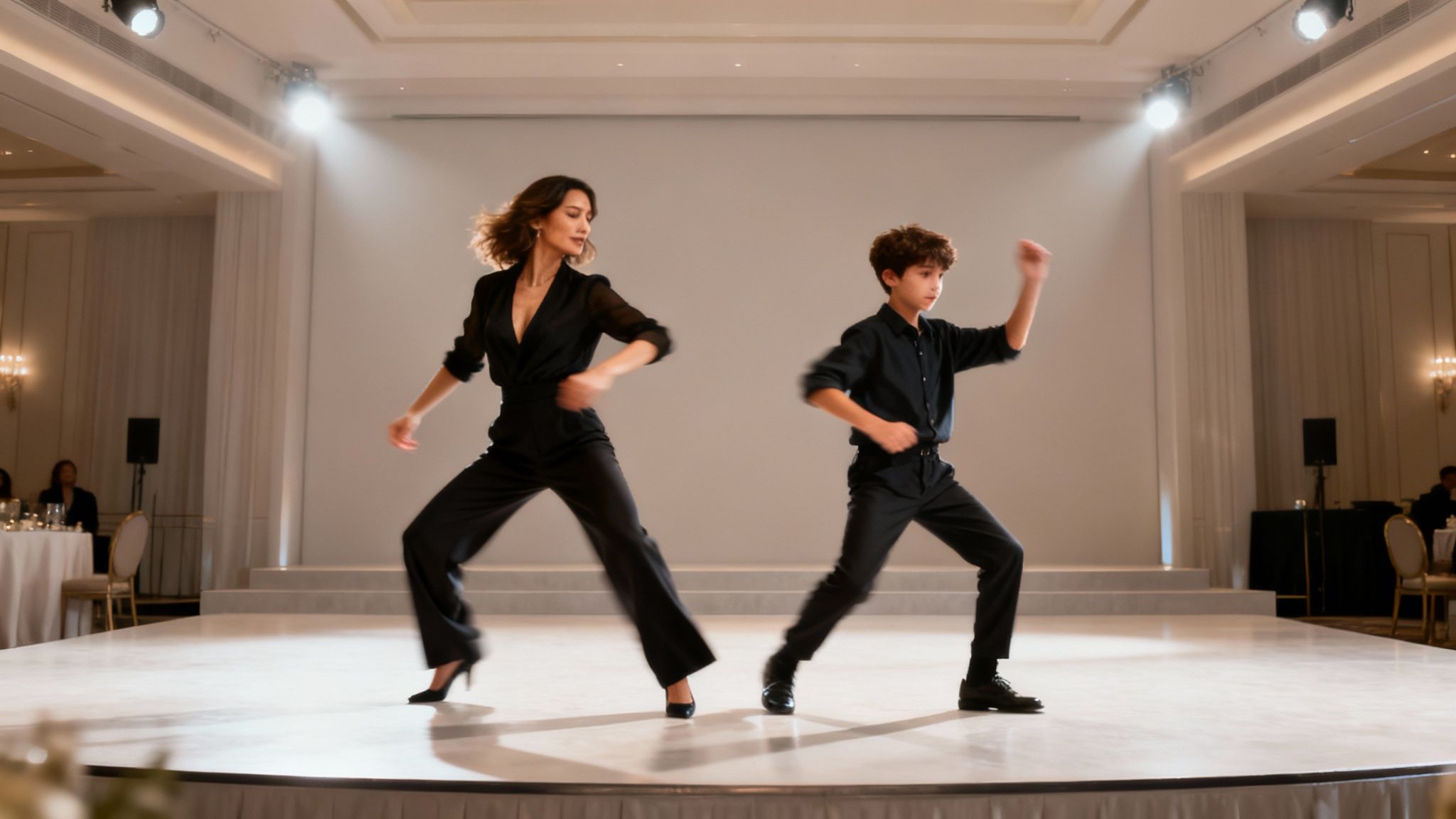 A mother and son in matching black outfits energetically dance on a brightly lit stage.