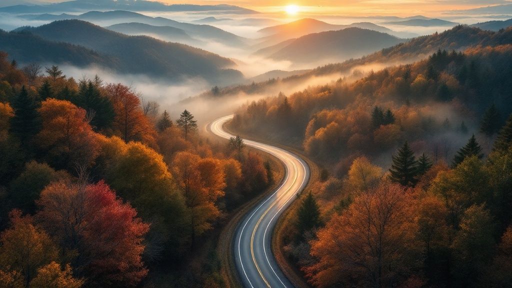 A car driving on a scenic road in the Smoky Mountains with colorful fall foliage