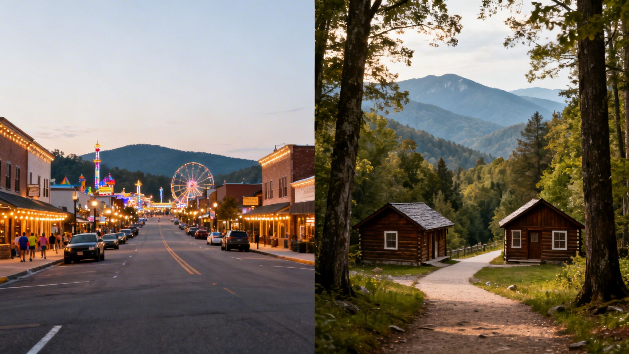 A diptych showing a bustling town street with carnival lights and tranquil log cabins in a mountain forest.