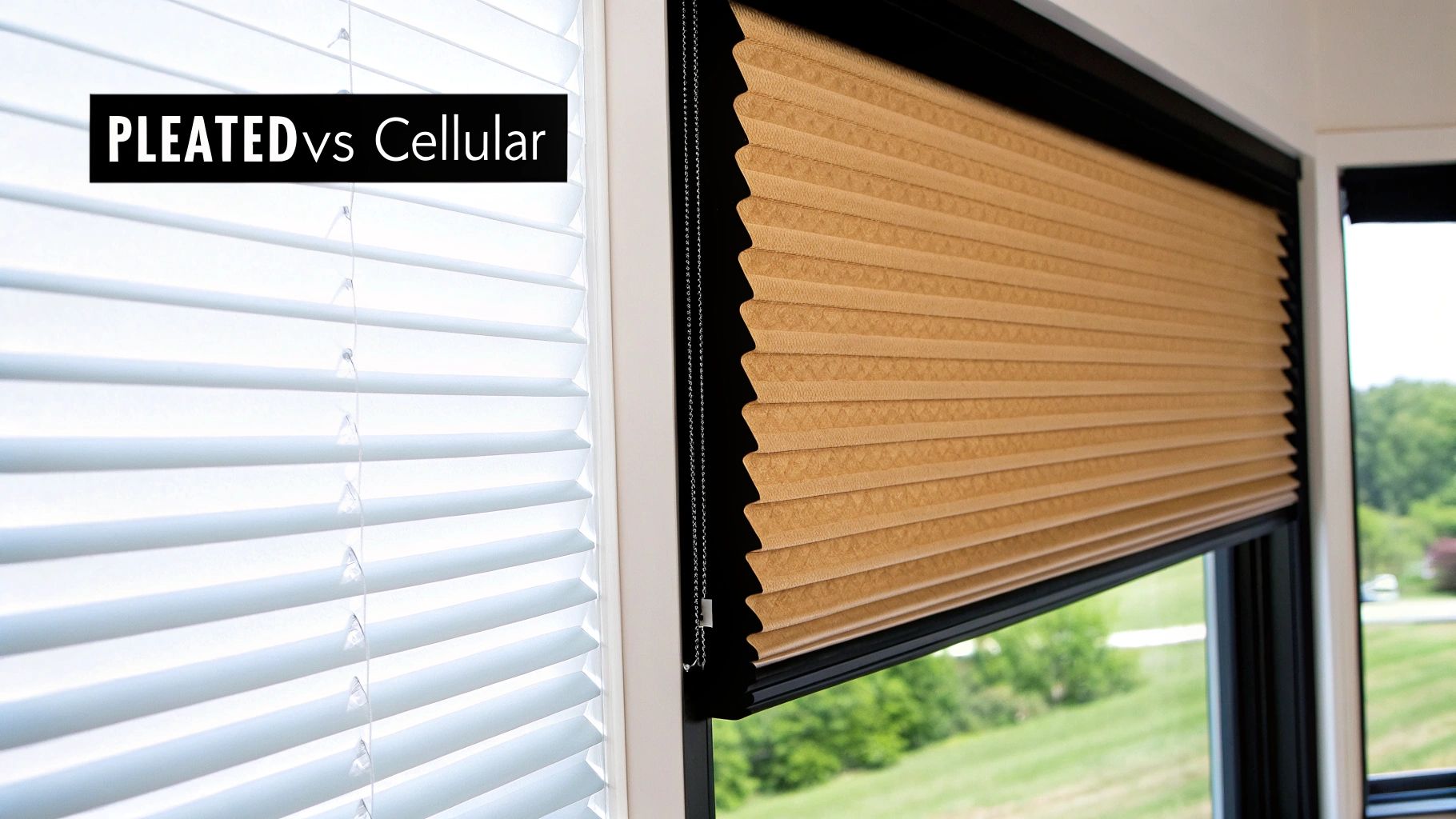 Comparison of white pleated blinds and tan cellular honeycomb window shades.