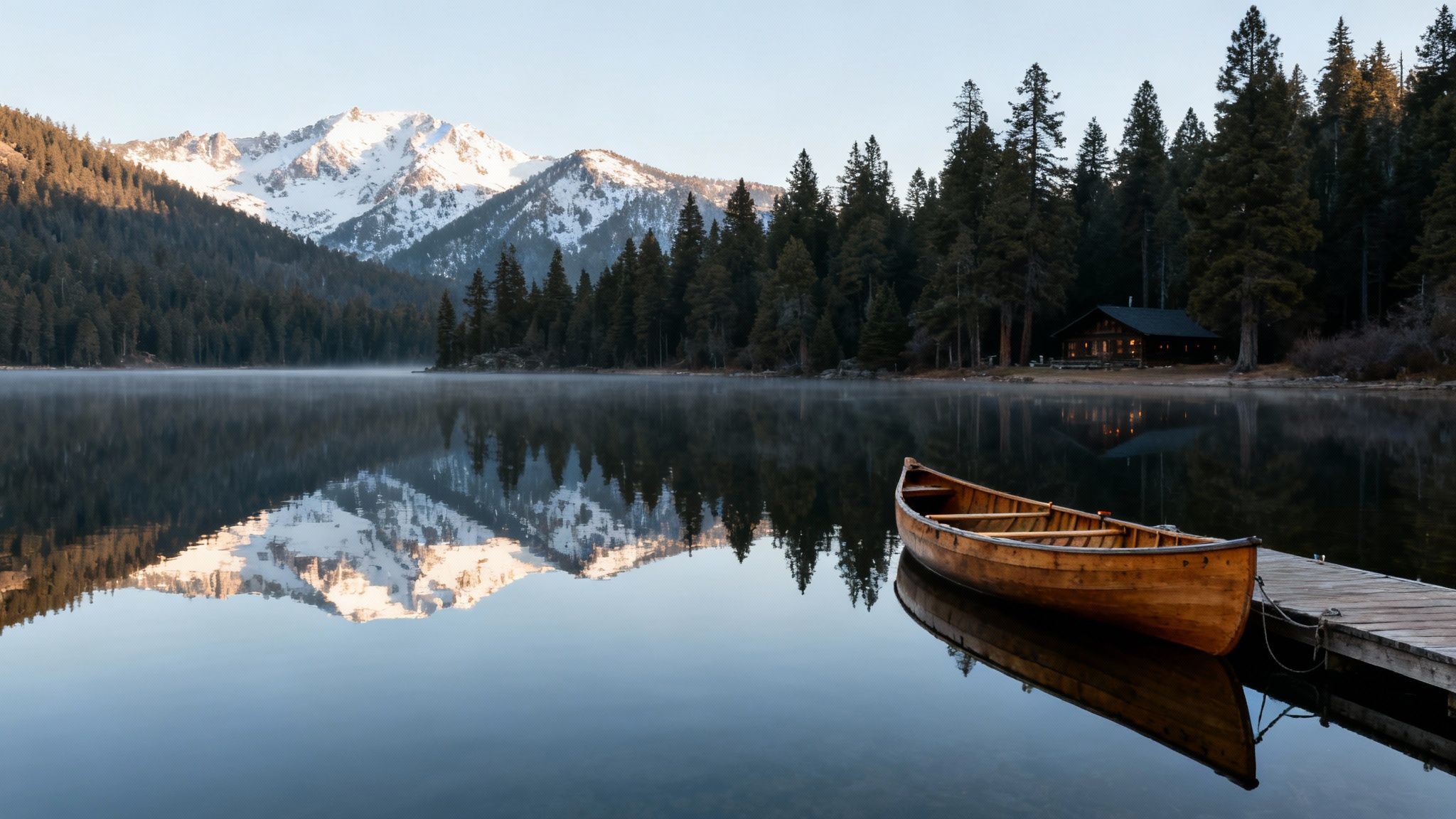 Serene mountain lake at sunrise with a cozy cabin, wooden canoe on a dock, and snow-capped peak reflections.
