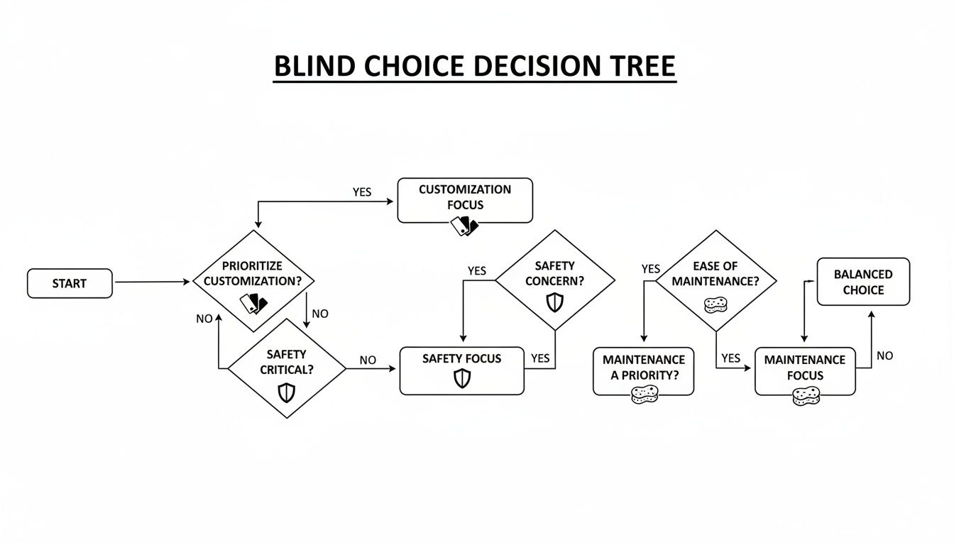 A flowchart titled 'Blind Choice Decision Tree' showing decision paths for customization, safety, and maintenance.
