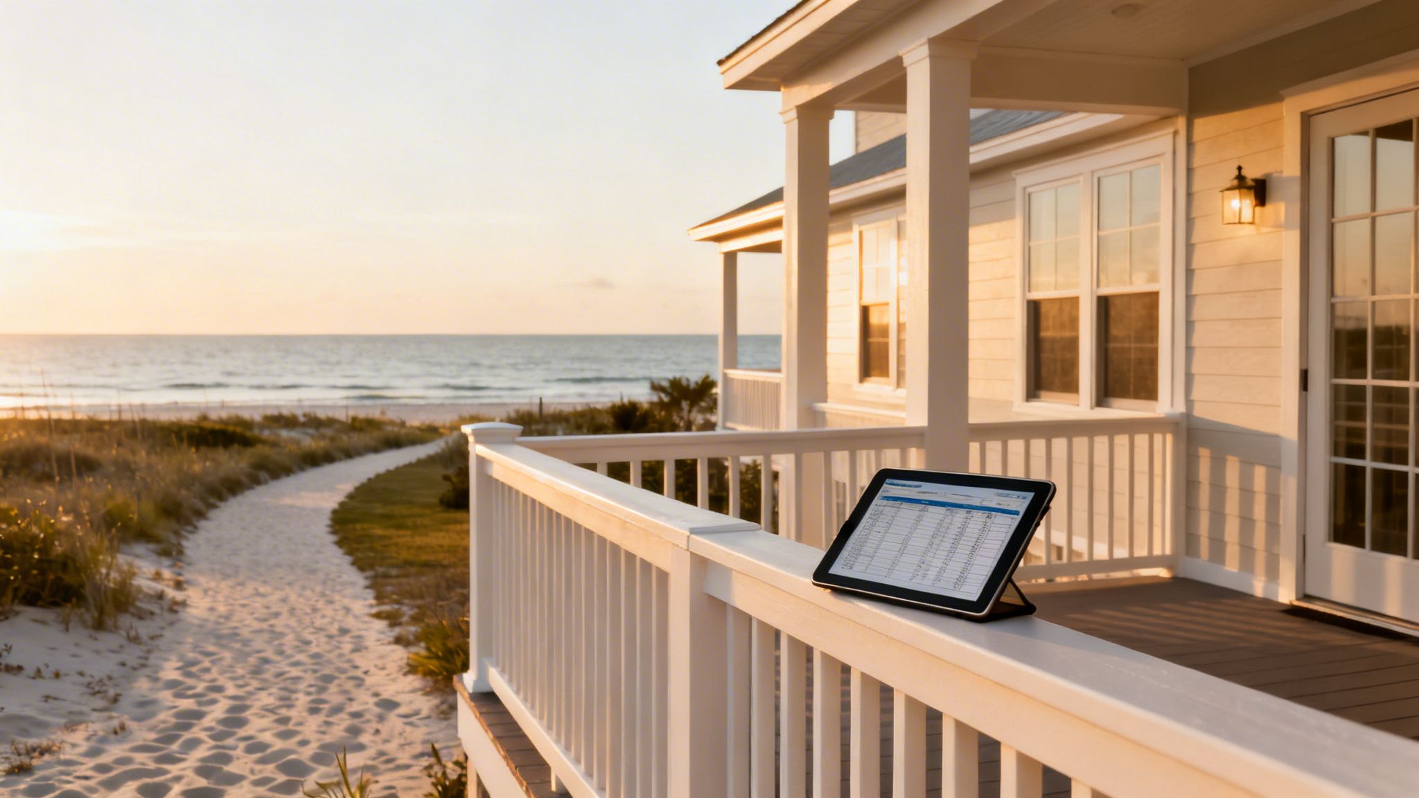 A tablet with a spreadsheet on a beach house porch overlooking the ocean at sunset.