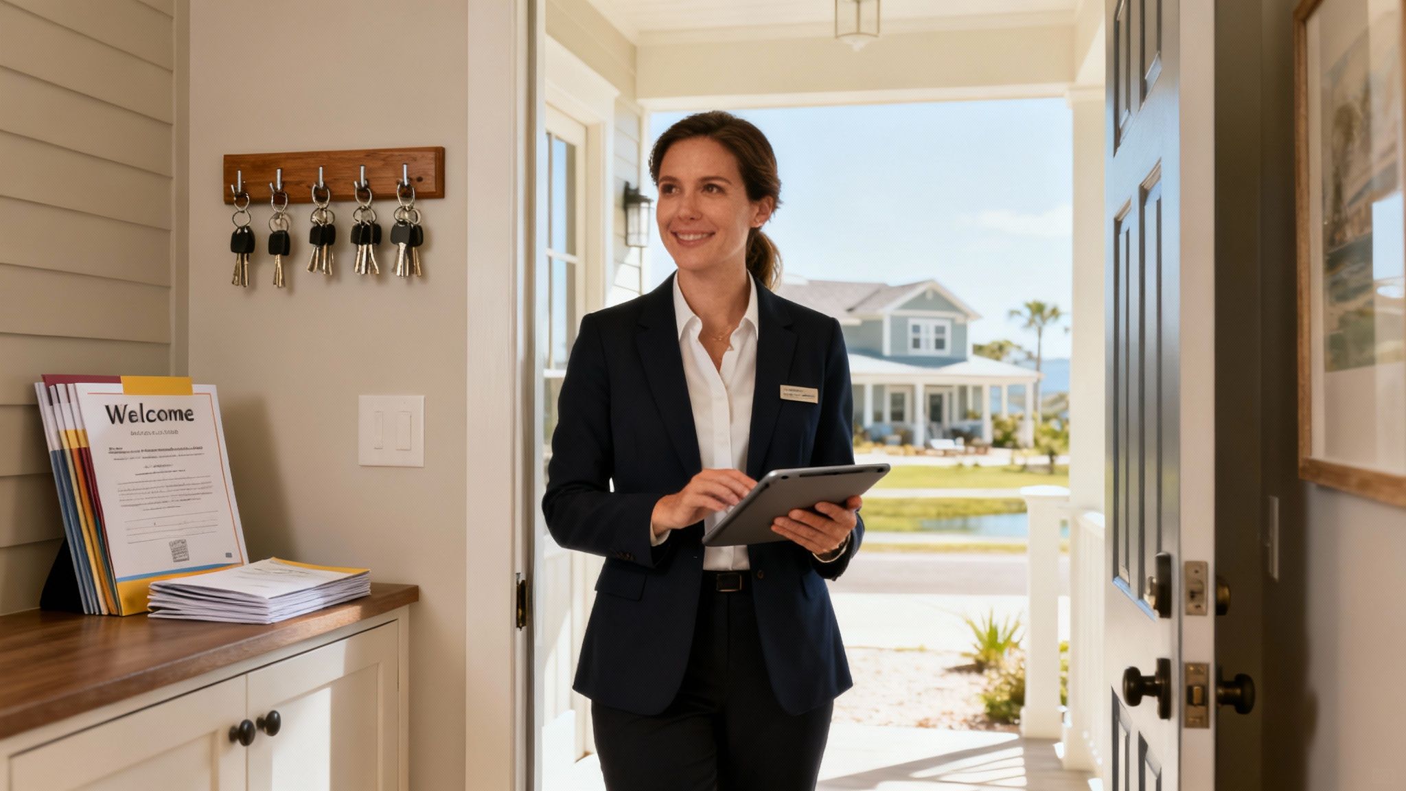 A smiling property manager holding a tablet, standing in a welcoming home with keys and documents.